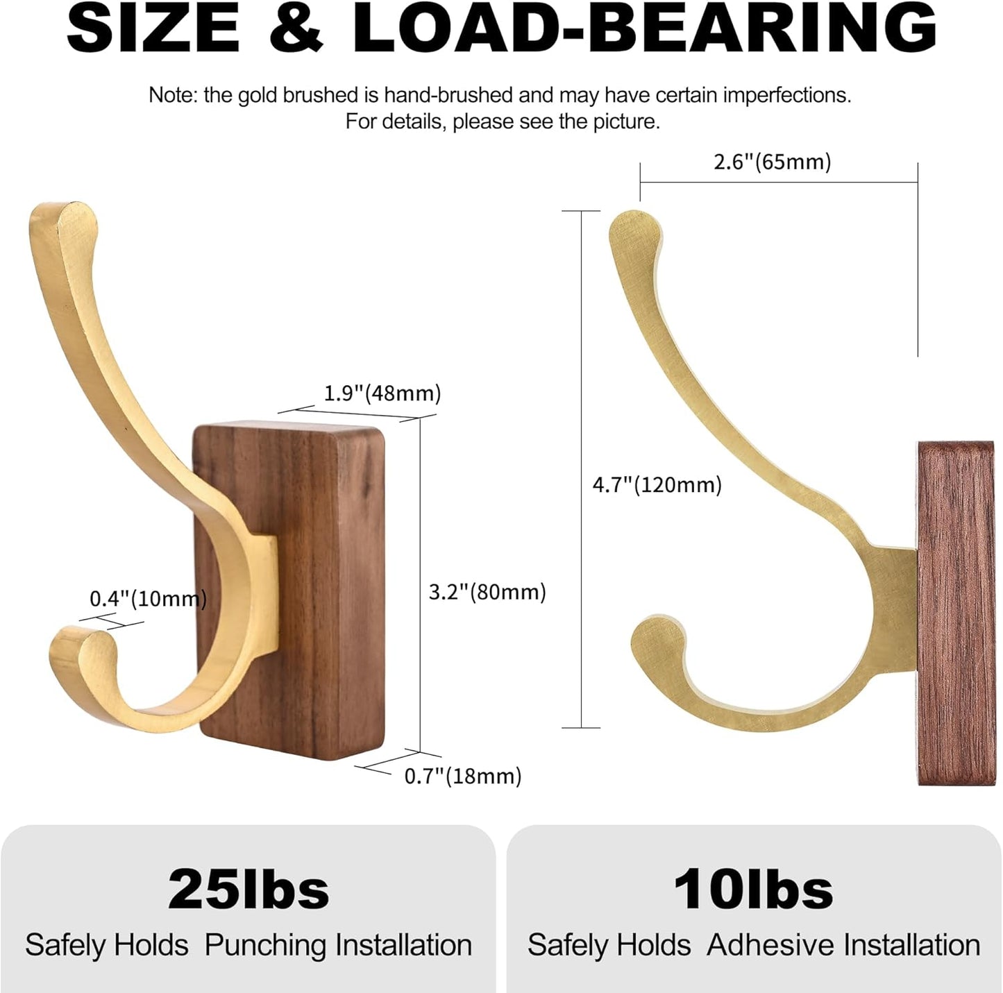 2 Pack Wooden Wall Hooks for Hanging, Adhesive Mounted Wall Mounted Boho Decorative Nature Wood Coat Hook for Towel Clothes Blanket Hat Backpack Robe Nursery Door Board Entryway Key Holder Gold