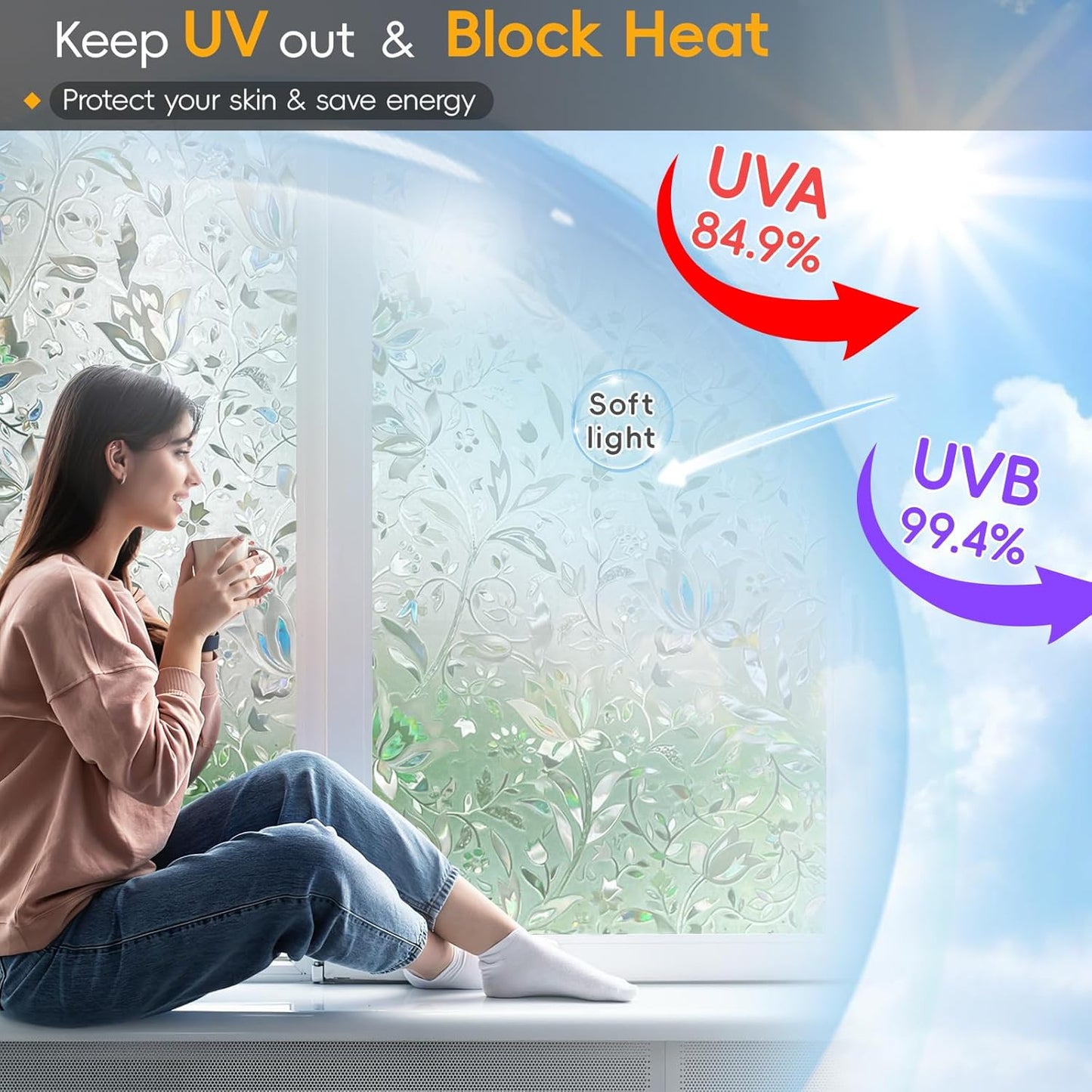 Rainbow Window Privacy Film Decorative, Stained Glass Window Tint for Home, 3D Decals Window Clings for Glass Windows, Static Cling Window Sticker, Suncatcher Window Cover,45.2" by 78.74"