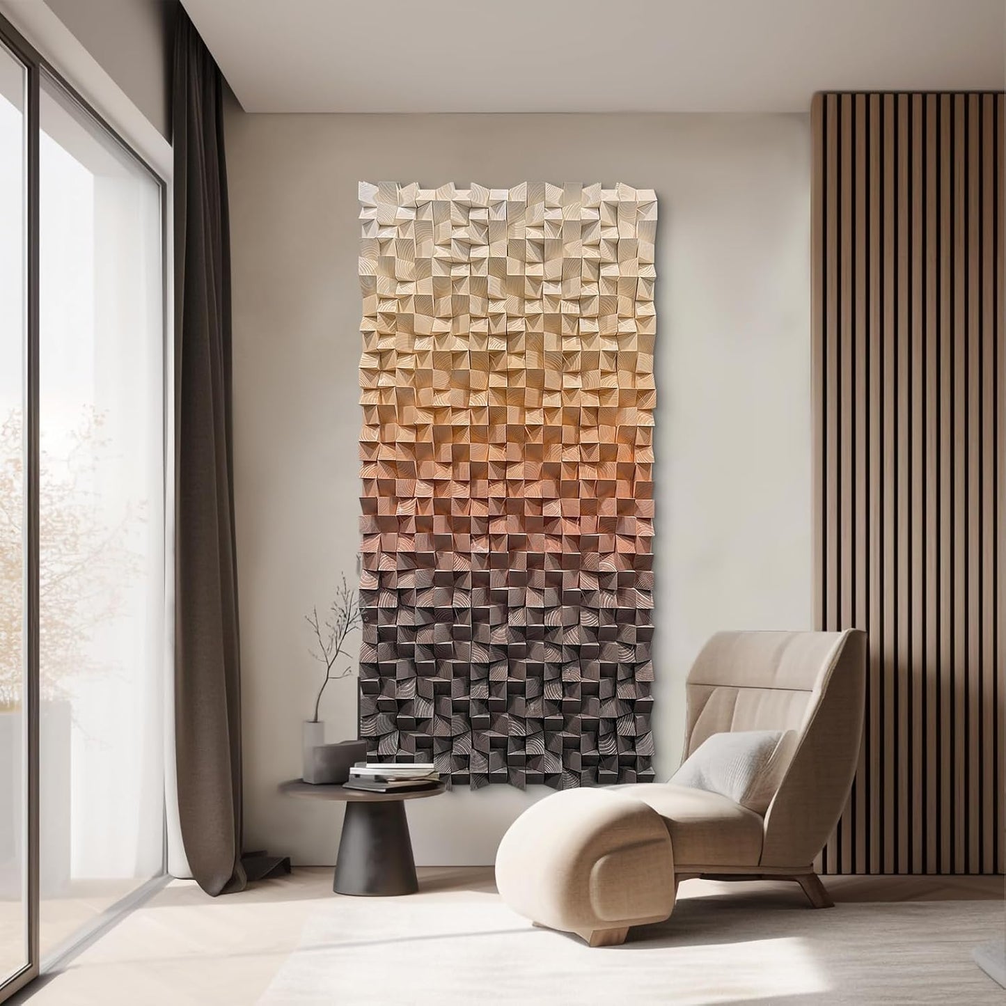 LIUZEYUE - 3D wooden block painting gradient coffee white art background wall wooden block abstract geometric wall decoration living room/bedroom/office modern minimalist style decoration 23.6 "x47.2