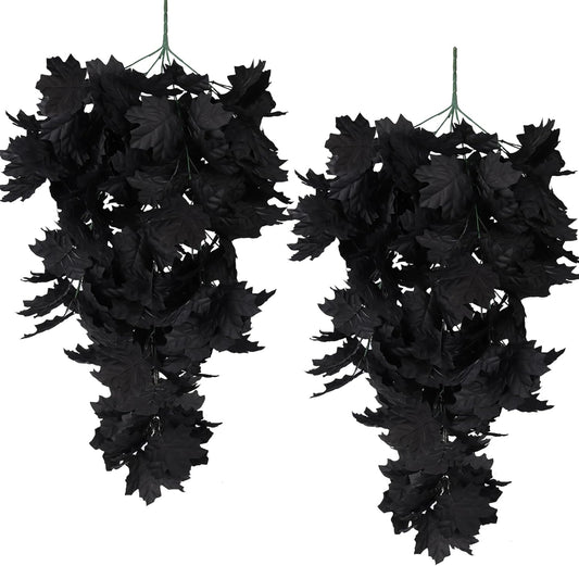 RECUTMS Black Maple Leaf Artificial Hanging Plants Fake Plants Faux Fall Leaves Halloween Faux Plants Autumn Leaves Artificial Wall Hanging Indoor Outdoor Halloween Decoration（Black）