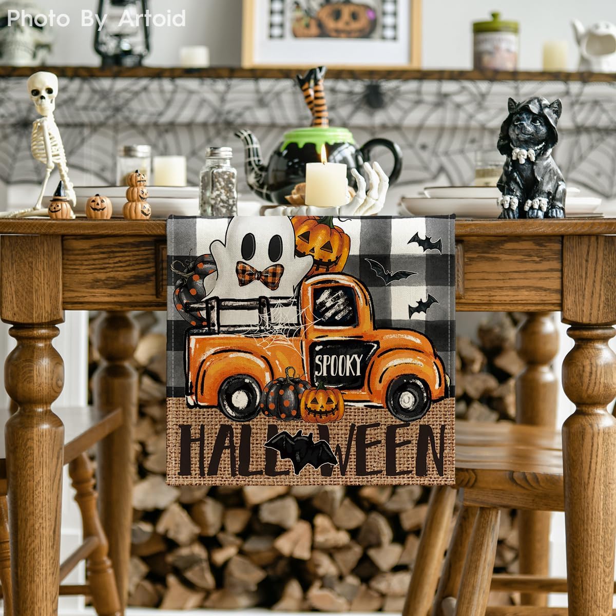 Artoid Mode Buffalo Plaid Bat Pumpkin Ghost Truck Spooky Halloween Table Runner, Sensonal Kitchen Dining Table Decoration for Home Party Decor 13x36 Inch