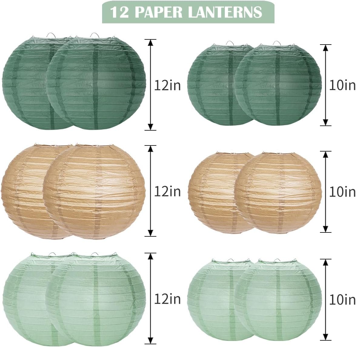 Paper Lanterns Decorative, Sage Green Forest Tan Hanging Round Chinese Lanterns with Lights for Rustic Party Sage Green Birthday Party 12 LED Light Pack of 12