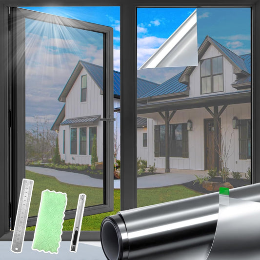 DUOFIRE One Way Window Film Privacy See Out Not in Heat Blocker Tint Reflective Mirror Tinting Film for Home Static Cling Anti-UV Sun Blocking Window Covering（Dark Silver, 23.6x78.7in）