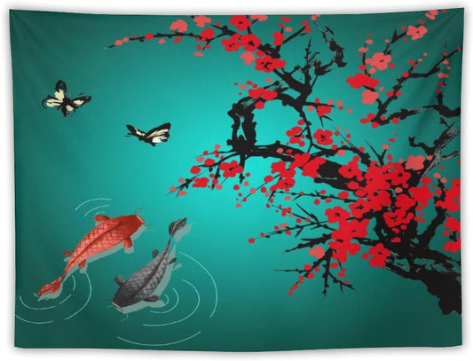 Houselerax Japanese Koi Fish Tapestry, Cherry Blossoms Asian Oriental Green Teal Floral Branch Koi Fish Carp Tapestries Wall Hanging for Bedroom Living Room Office Decor 60"x50"