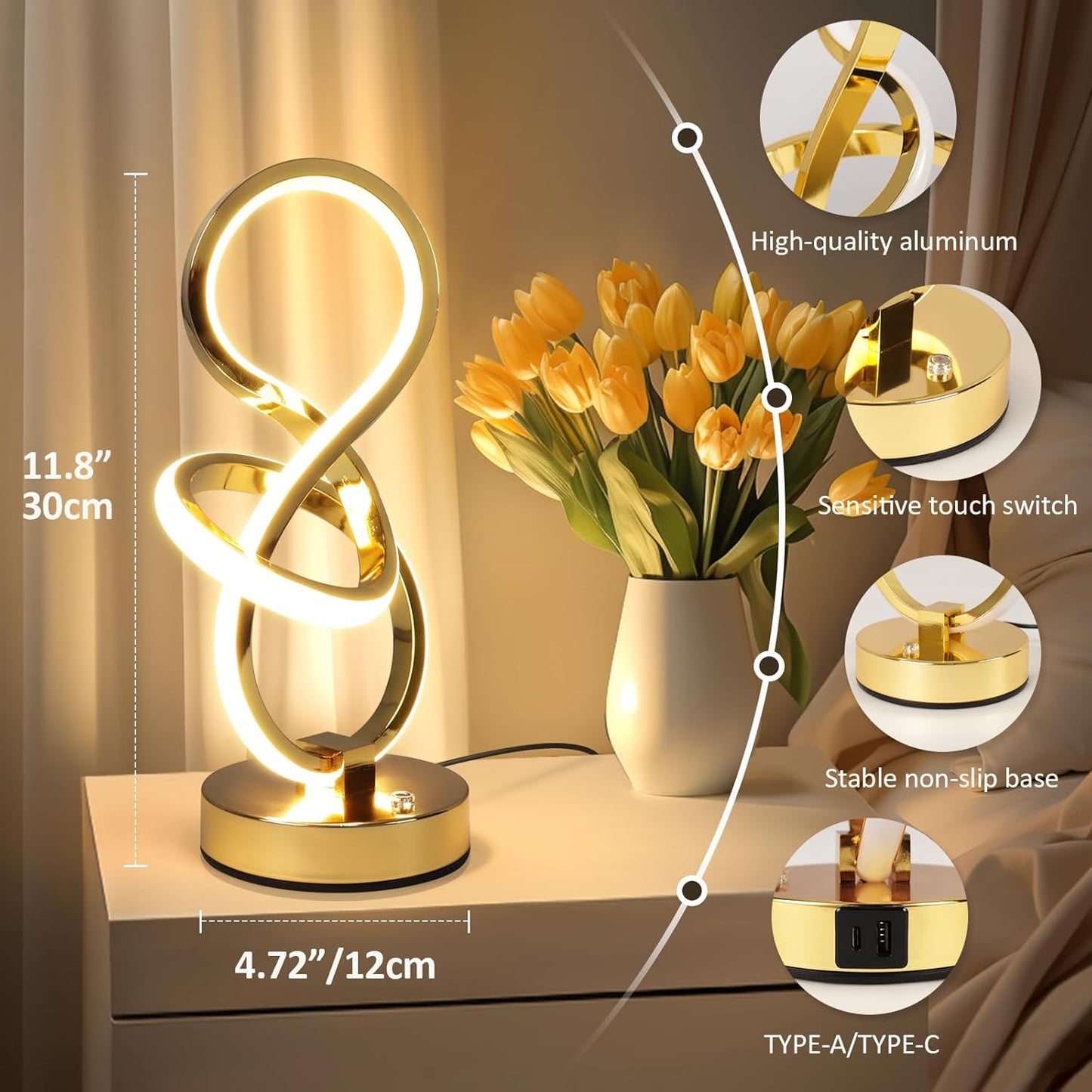 Modern Spiral Table Lamp, 7 Colors 10 Light Modes LED Nightstand Small Lamp with USB C+A Ports, Touch Dimmable Lamps for Living Room Bedroom Bedside, Unique & Cool Lamps,Gold