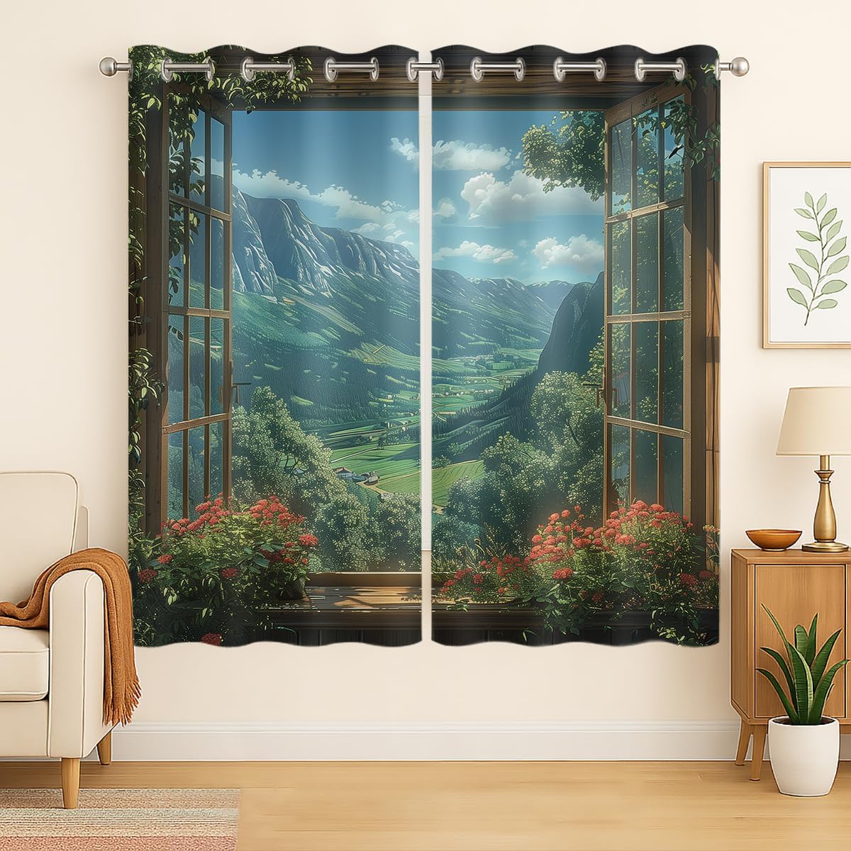 Mountain Blackout Curtains for Girls Boys Teens Home Decor, Spring Sky View Nature Forest Flower Grommet Thermal Insulated Drapes Darkening Window Curtain for Bedroom Living Room, 72 x 63 Inch