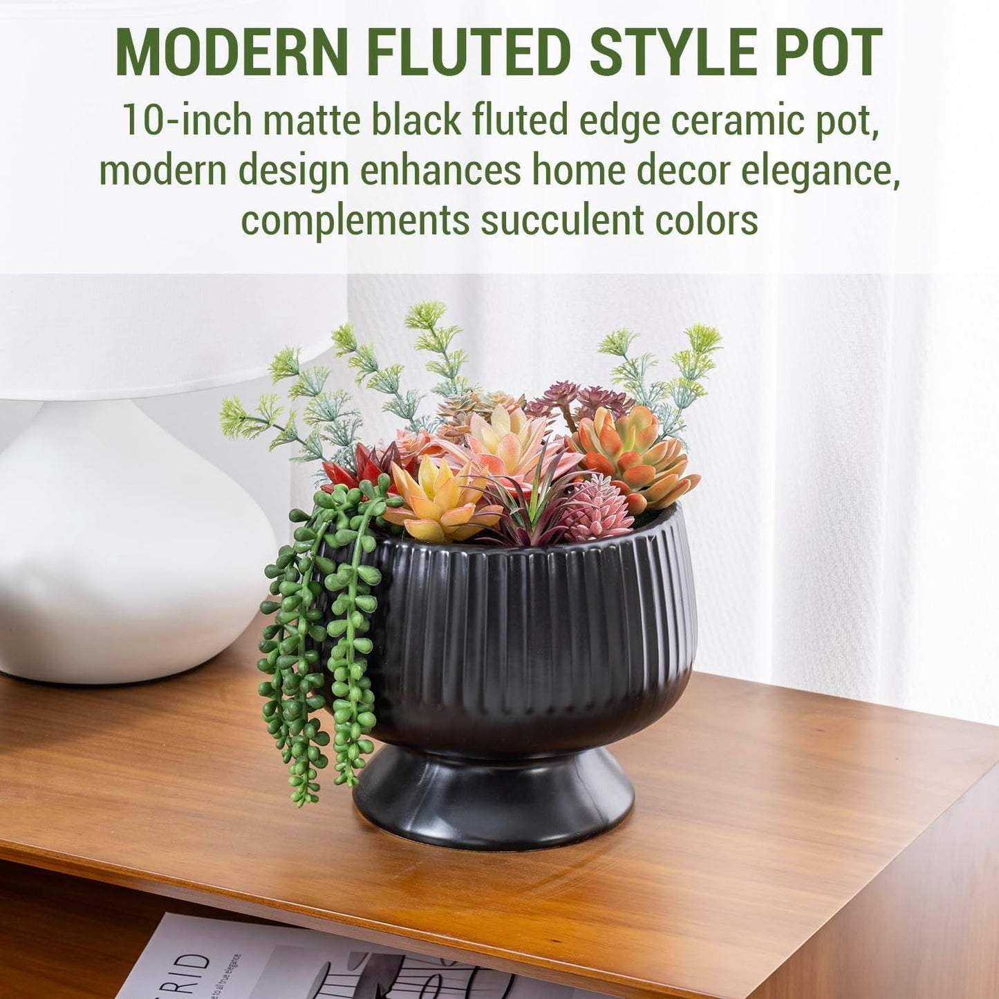 MyGift 10 Inch Modern Artificial Succulent Arrangement Potted in Matte Black Ribbed Ceramic Round Planter, Decorative Plant Pot with Assorted Faux Mini Succulents