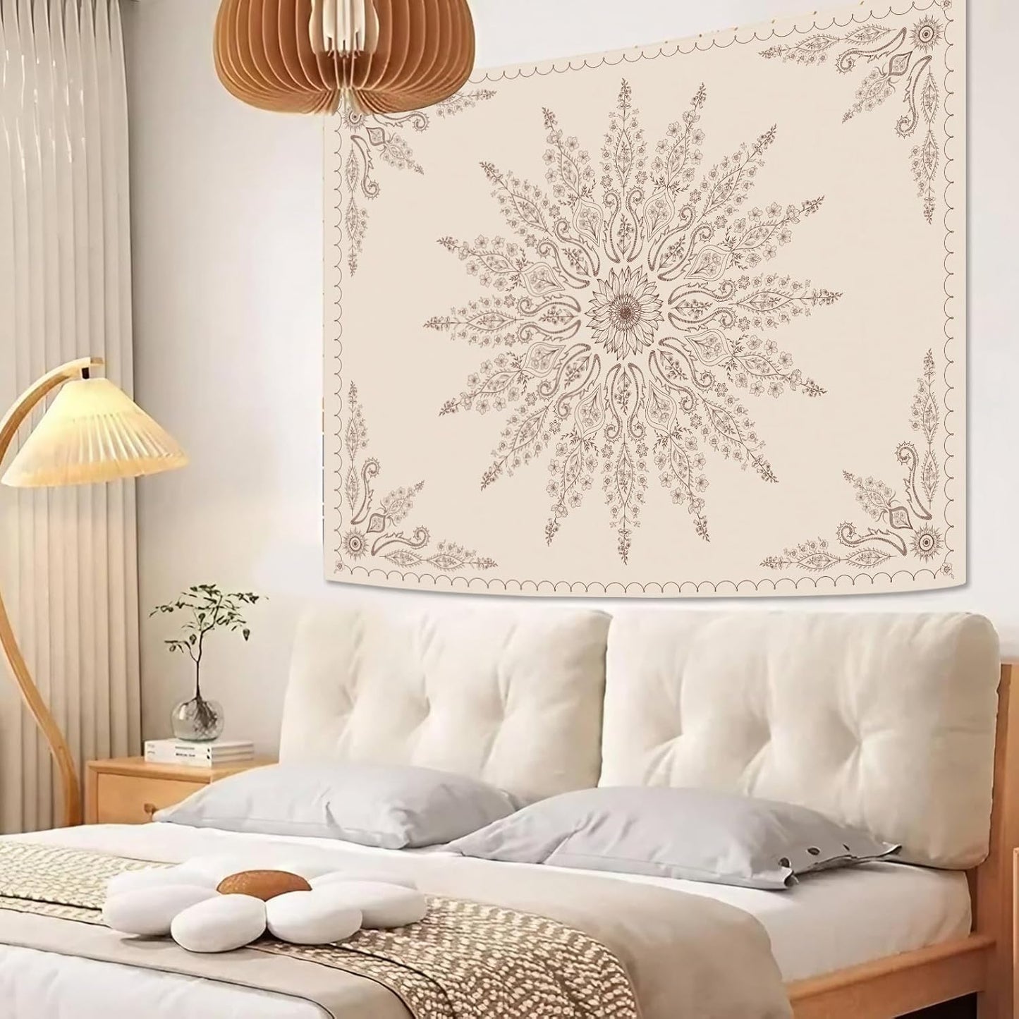 Fowocu Boho Floral Mandala Tapestry for Bedroom Aesthetic Bohemian Flower Wall Tapestry Beige Hippie Indian Large Tapestries Wall Hanging for Living Room Dorm Decor 80 x 60 Inch