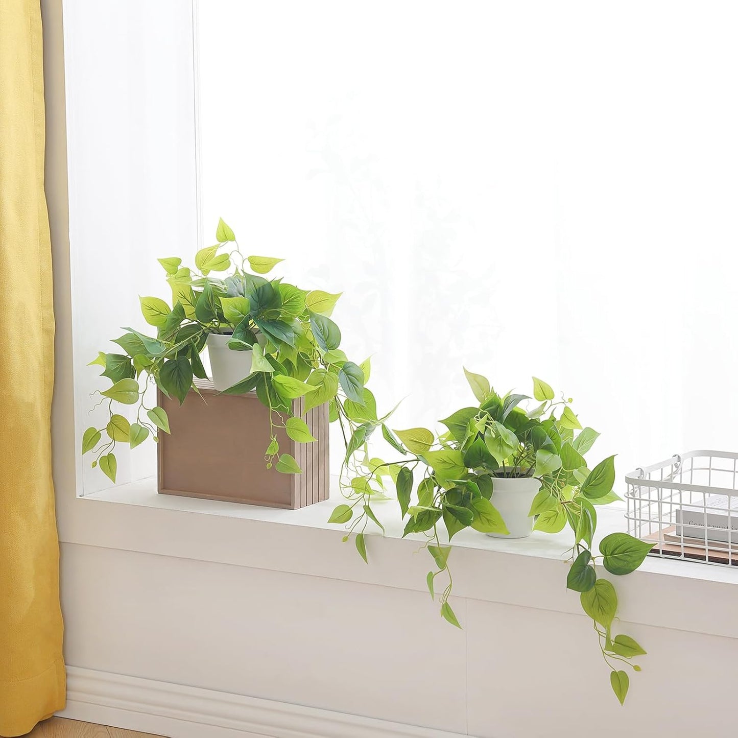 Tiita 2 Pack Fake Plants Artificial Scindapsus Aureus in Pots, Realistic Fake Greenery Potted Plants for Home Office Desk Window Sill Bathroom Bedroom Outdoor Indoor