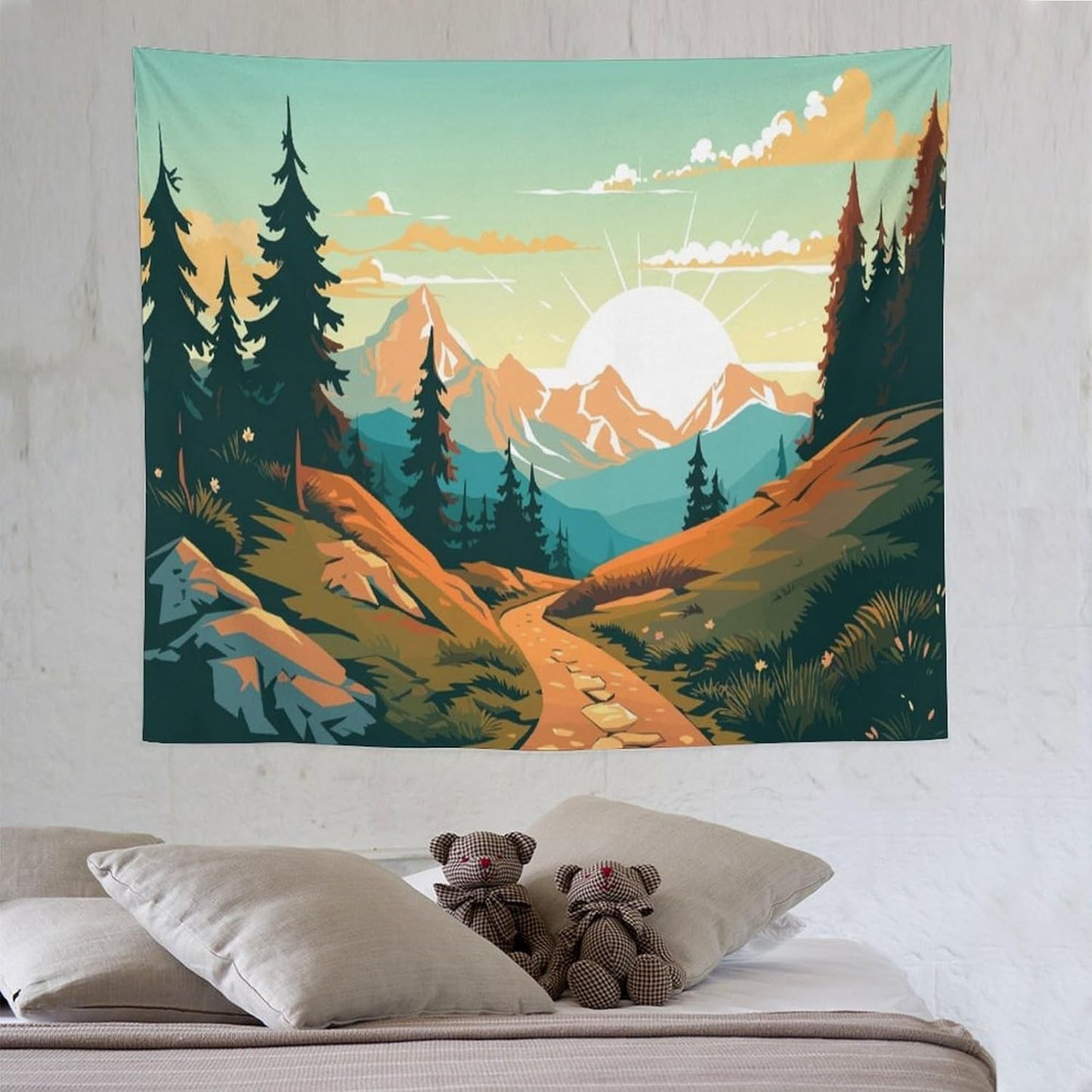 HZOHNAGO Mountain Tapestry Forest Mountain Sunrise Road Pattern Printed Wall Tapestry Wall Hanging for Bedroom Living Room Dorm 60" W x 50" H