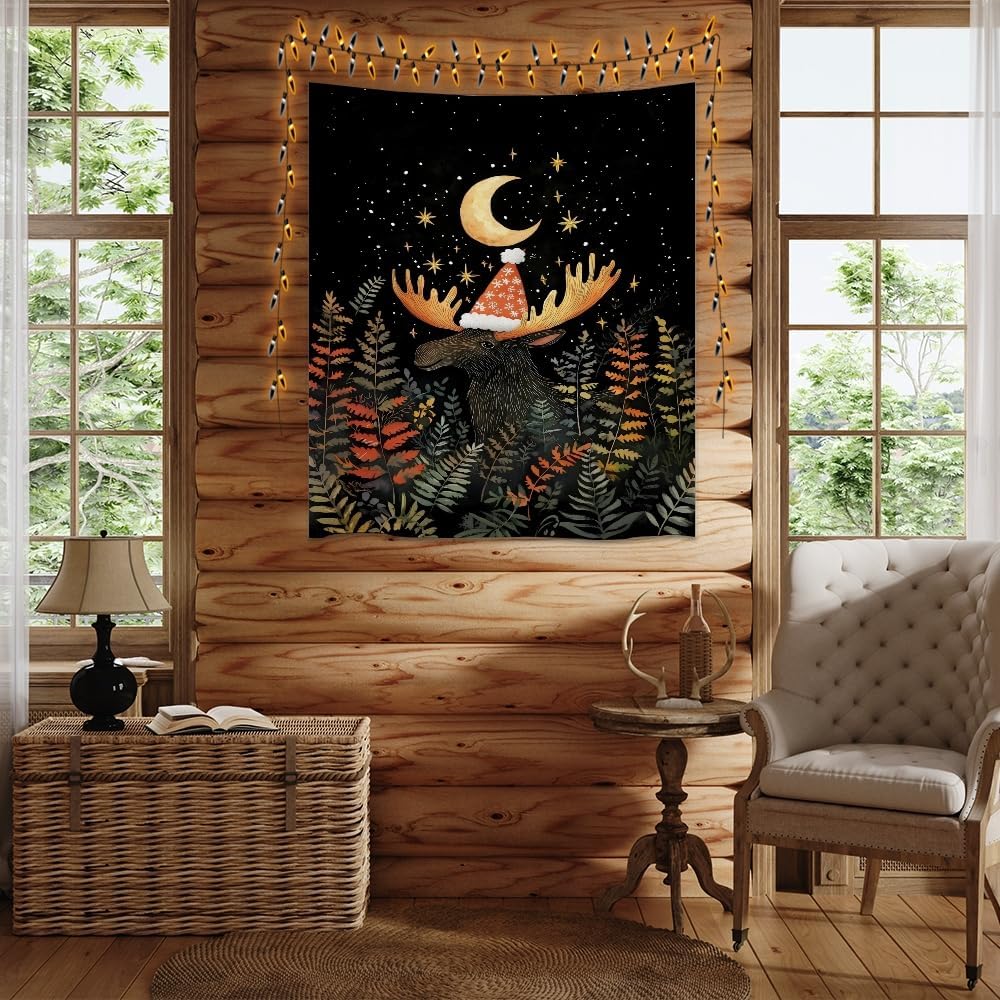 Cute Moose Tapestry Winter Christmas Aesthetic Wall Hanging Decor Funny Animal Lover Gift Whimsical Christmas Tapestries for Nursery Kids Bedroom Home Living Room Decoration 40x60inch