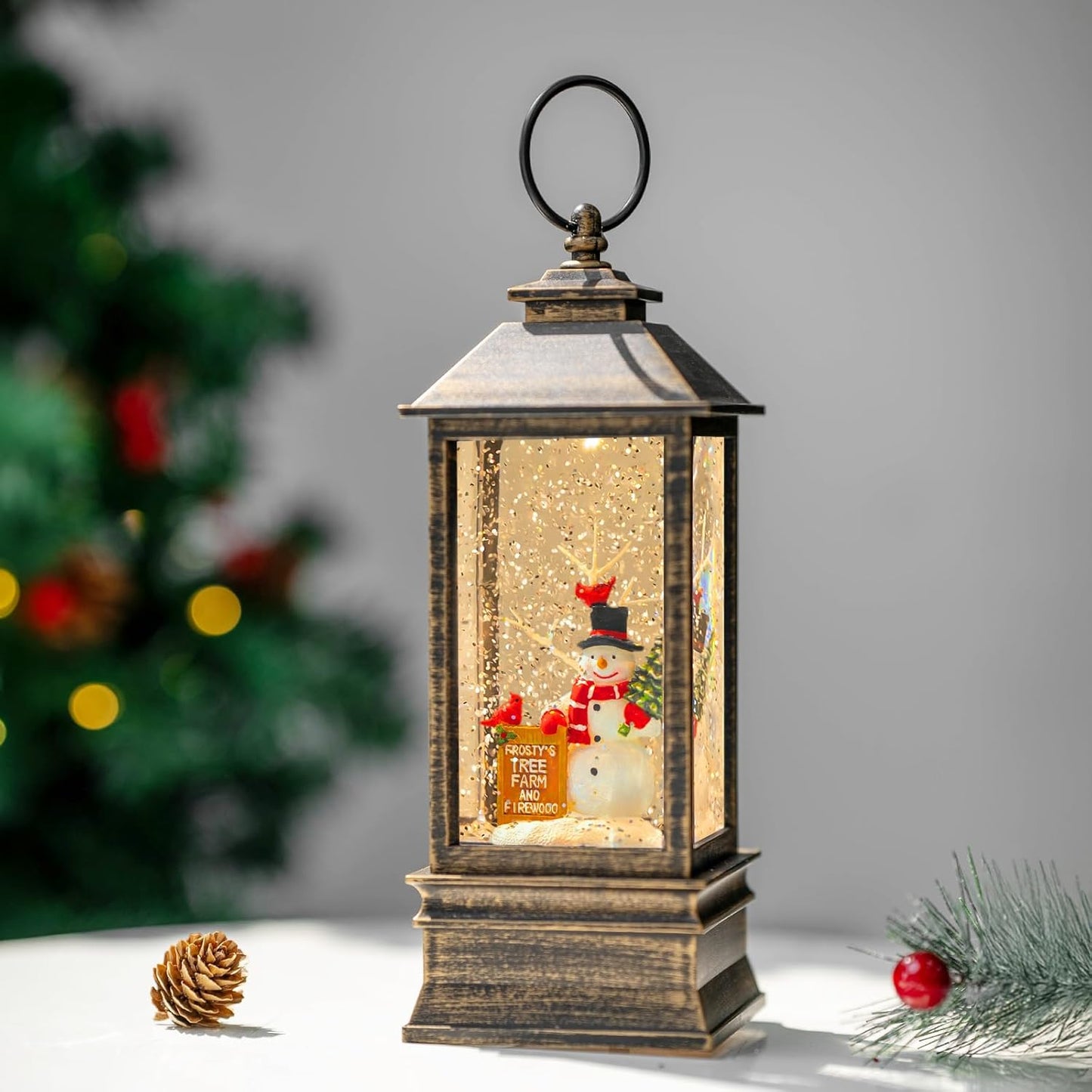 Christmas Snow Globe Water Glittering Farm Snowman with Music & Timer, USB Lined/Battery Operated Lighted Lantern for Christmas Festival Decoration Gifts