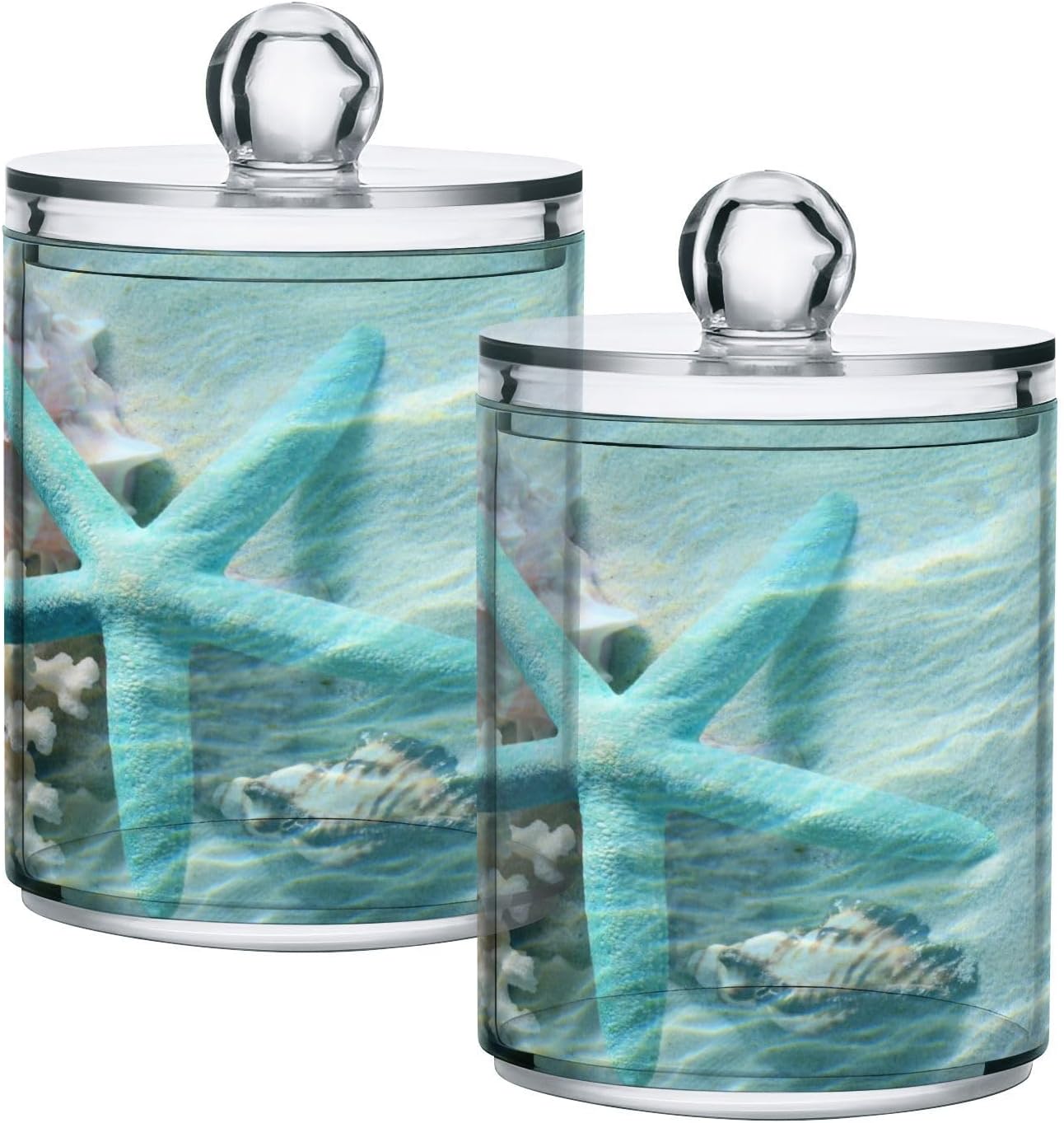 2 Pack Qtip Holder Organizer Dispenser Seashell Starfish Summer Beach Bathroom Storage Canister Cotton Ball Holder Container for Cotton Swabs/Pads/Floss