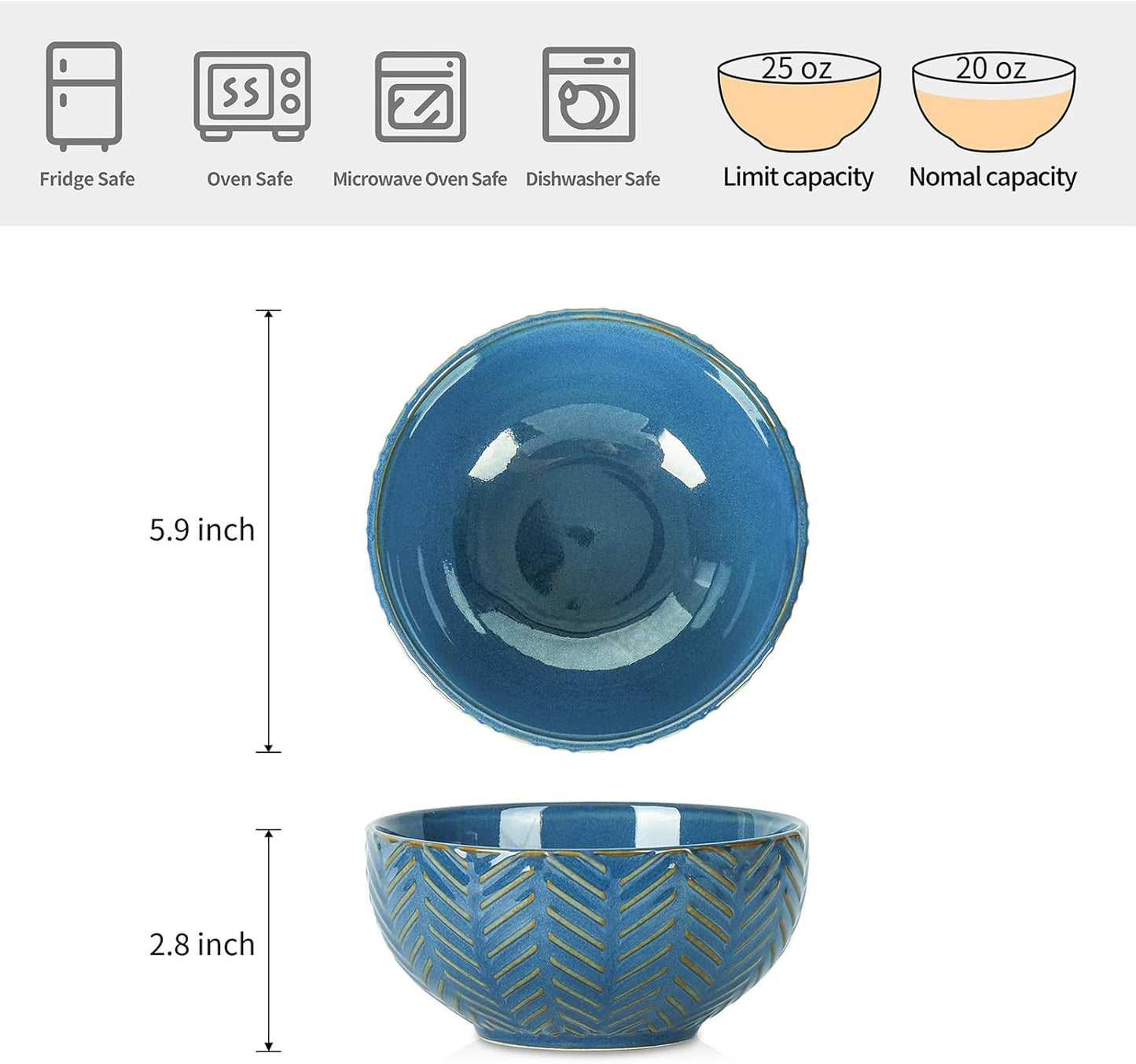 Sureasy Ceramic Cereal Bowls Set of 4-25 oz Blue Soup Bowls for Kitchen, Perfect for Soup, Pasta, and Salad, Microwave & Dishwasher Safe