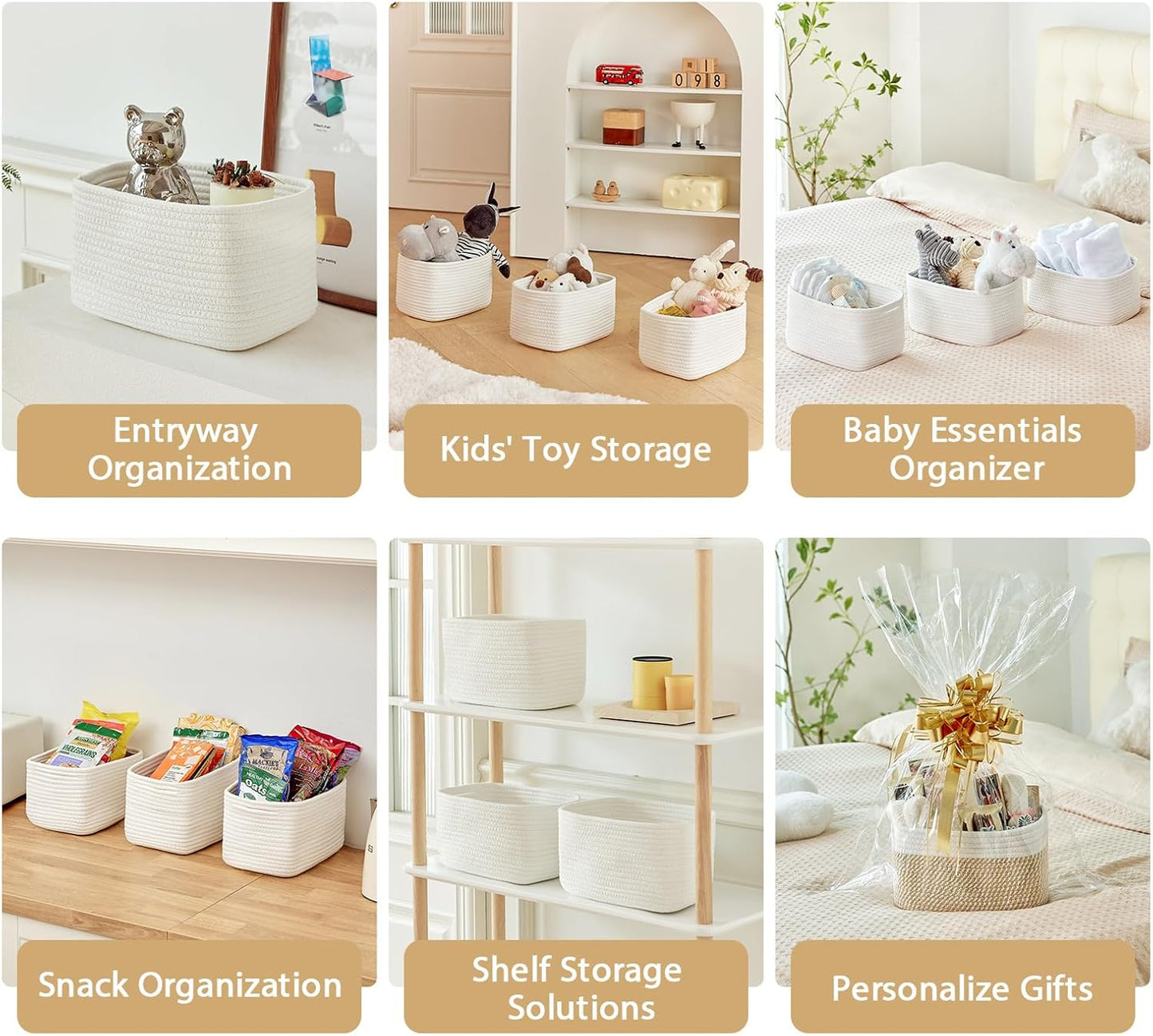 Small Cotton Rope Storage Basket Set of 3-11"x7"x7" Perfect Woven Baskets for Storage, Ideal Storage Baskets for Organizing Toys, Towels, and More - Baskets for Shelves and Home Decor（White）