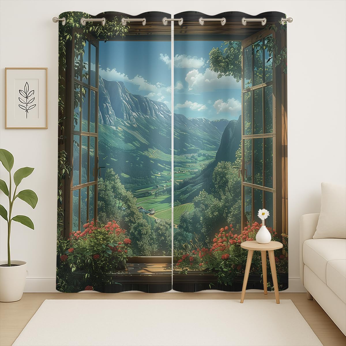 Mountain Blackout Curtains for Girls Boys Teens Home Decor, Spring Sky View Nature Forest Flower Grommet Thermal Insulated Drapes Darkening Window Curtain for Bedroom Living Room, 42 x 45 Inch