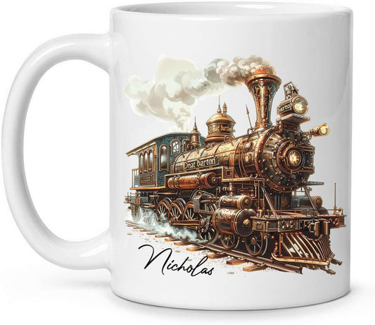Customized Vintage Locomotive Design Ceramic Cup, Personalized Steampunk Train Coffee Mug 11oz 15oz, Unique Custom Name Mug Gift For Train Enthusiasts, Steam Engine White Mug
