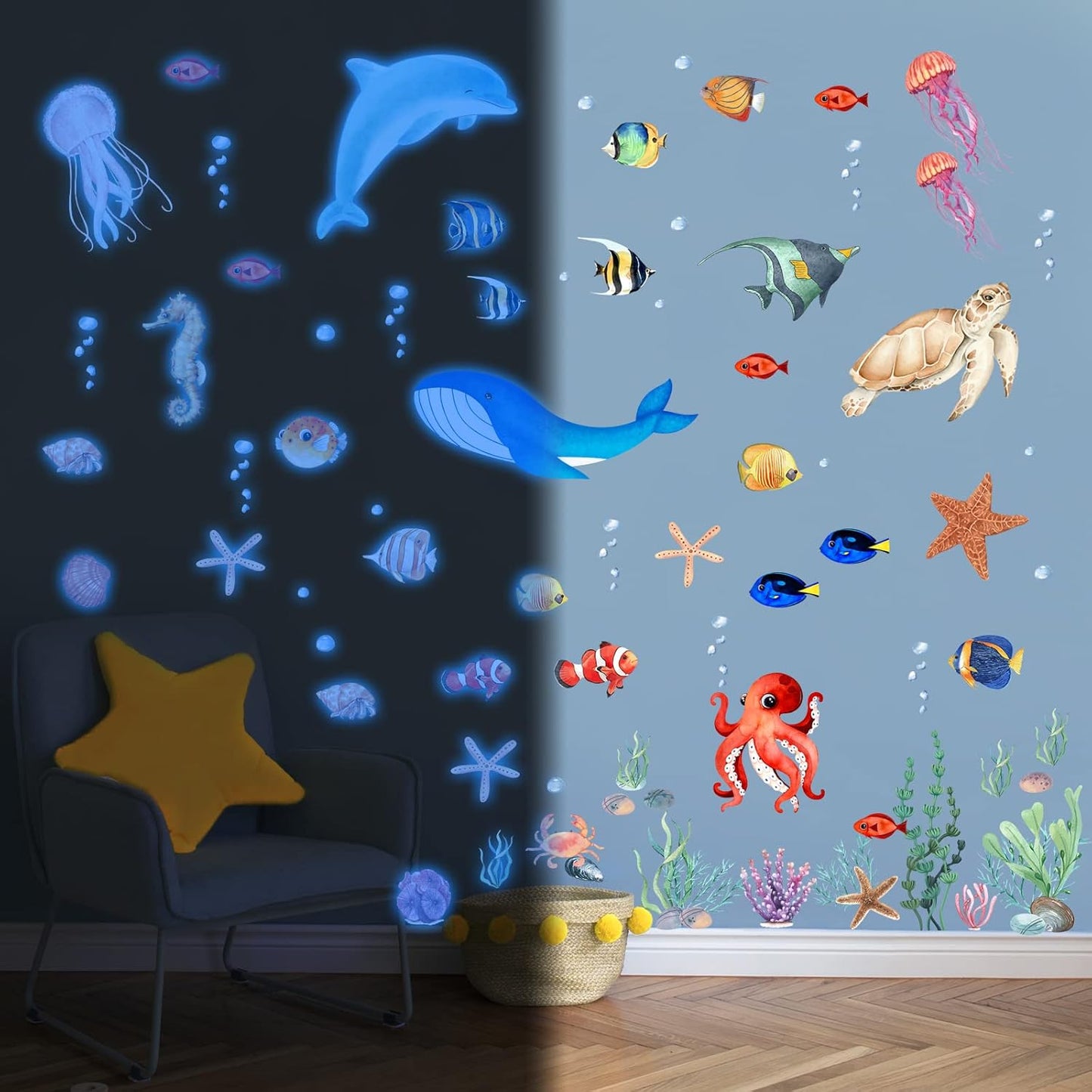Sea Turtle Ocean Fish Wall Decals Glow in The Dark, Under The Sea Life Animals Stickers for Ceiling, Girls Boys Waterproof Decoration for Living Room Wall Bathroom Toilet