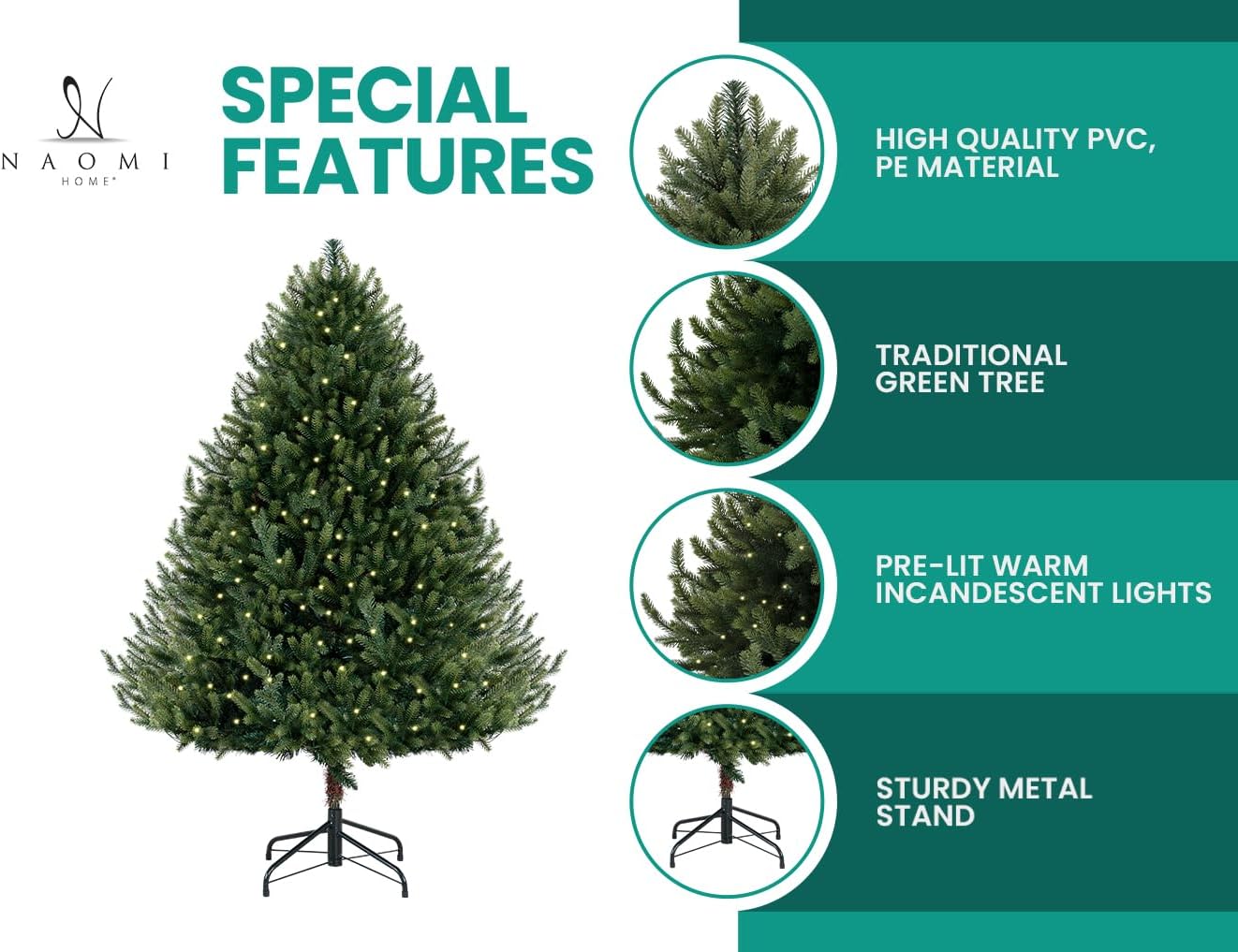 Kinsley 7.5ft Prelit Aritificial Christmas Tree with 4130 Branch Tips, 600 Warm Lights and Metal Stand, 59" Wide Realistic Traditional Christmas Tree with Lights by Naomi Home