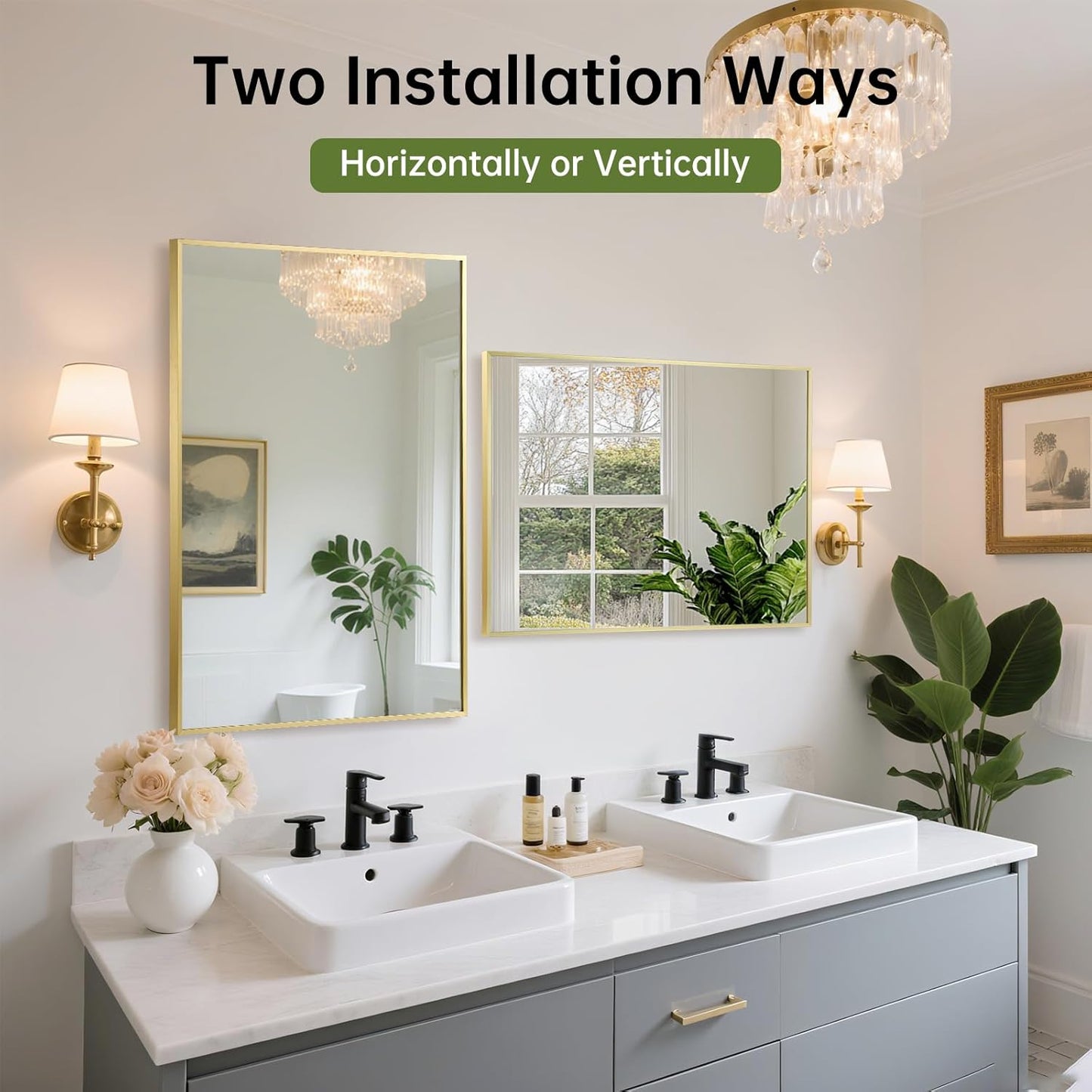 FARMER 20x28 Inch Gold Bathroom Mirror, Rectangle Wall Mounted Mirror, Vanity Mirror, Brushed Square Mirror, Framed Bathroom Mirror for Bedrooms, Entryways, Living Rooms, Horizontal/Vertical