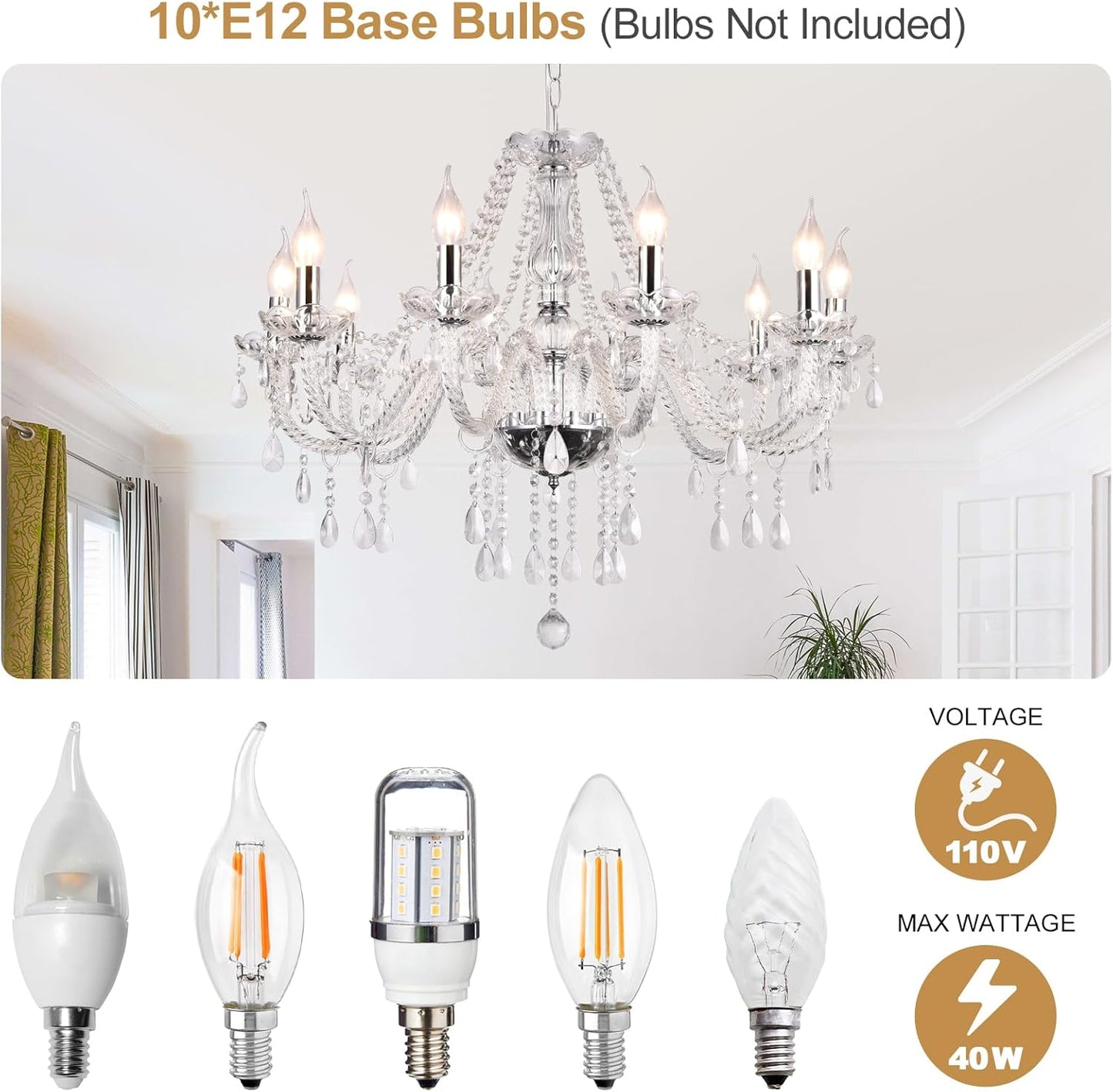 Modern Elegant 10 Lights K9 Crystal Glass Chandelier Silver Pendant Ceiling Lighting European Style for Dining Living Room Bedroom Transparent, 10 E12 Bulbs Required