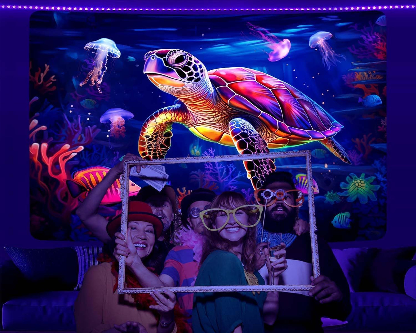 QGHOT Turtle Tapestry, Blacklight Ocean Tapestry Wall Hanging Undersea Black Light Poster for Kids Glow in the Dark for Bedroom Children Toddler Room Decor 37x29in