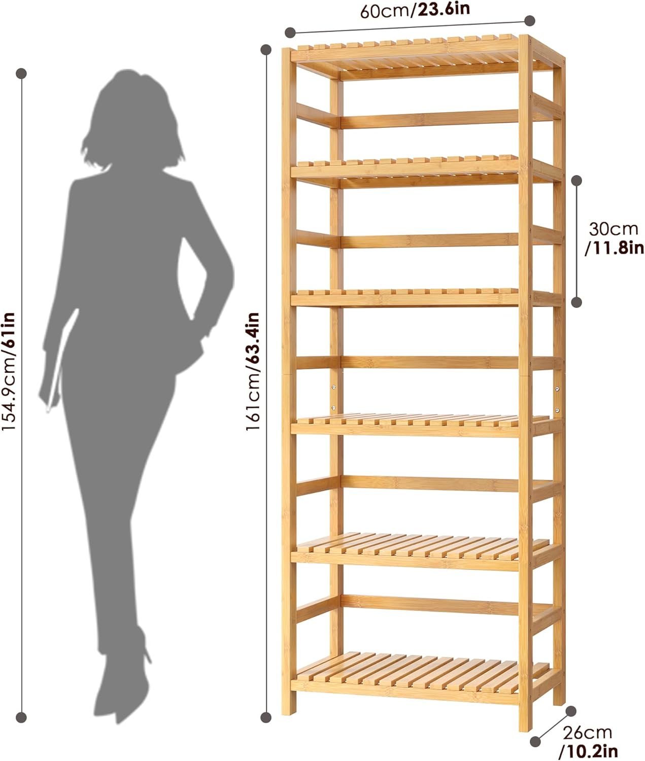 FOTOSOK 6-Tier Bamboo Shelf, Bamboo Bookcase with Adjustable Shelves, Free Standing Storage Shelf Unit, Plant Flower Stand for Kitchen, Bathroom, Home Office, Natural