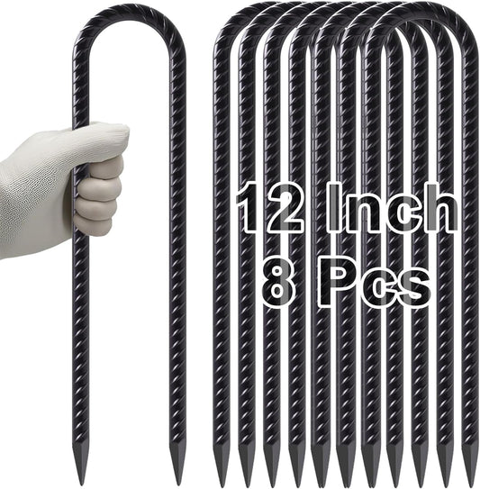 VVOKGO Trampoline Stakes 12 Inches Anchors High Wind Heavy Duty, 8-Pack U Shaped Tie Down Anchor Kit for Ground, Camping Tent, Soccer Net, Swing Set, Black