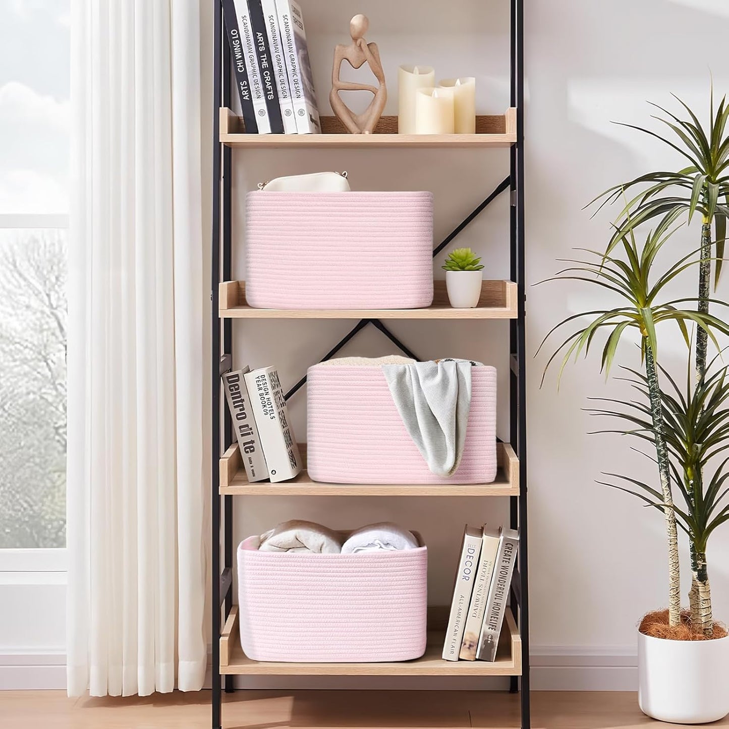 3-Pack Shelf Baskets for Organizing, Woven Storage Basket for Shelves, Cotton Rope Storage Bins for Toys Books, Nursery Towel Baskets for Classroom, 14.96"X9.8"X8.85", Pink