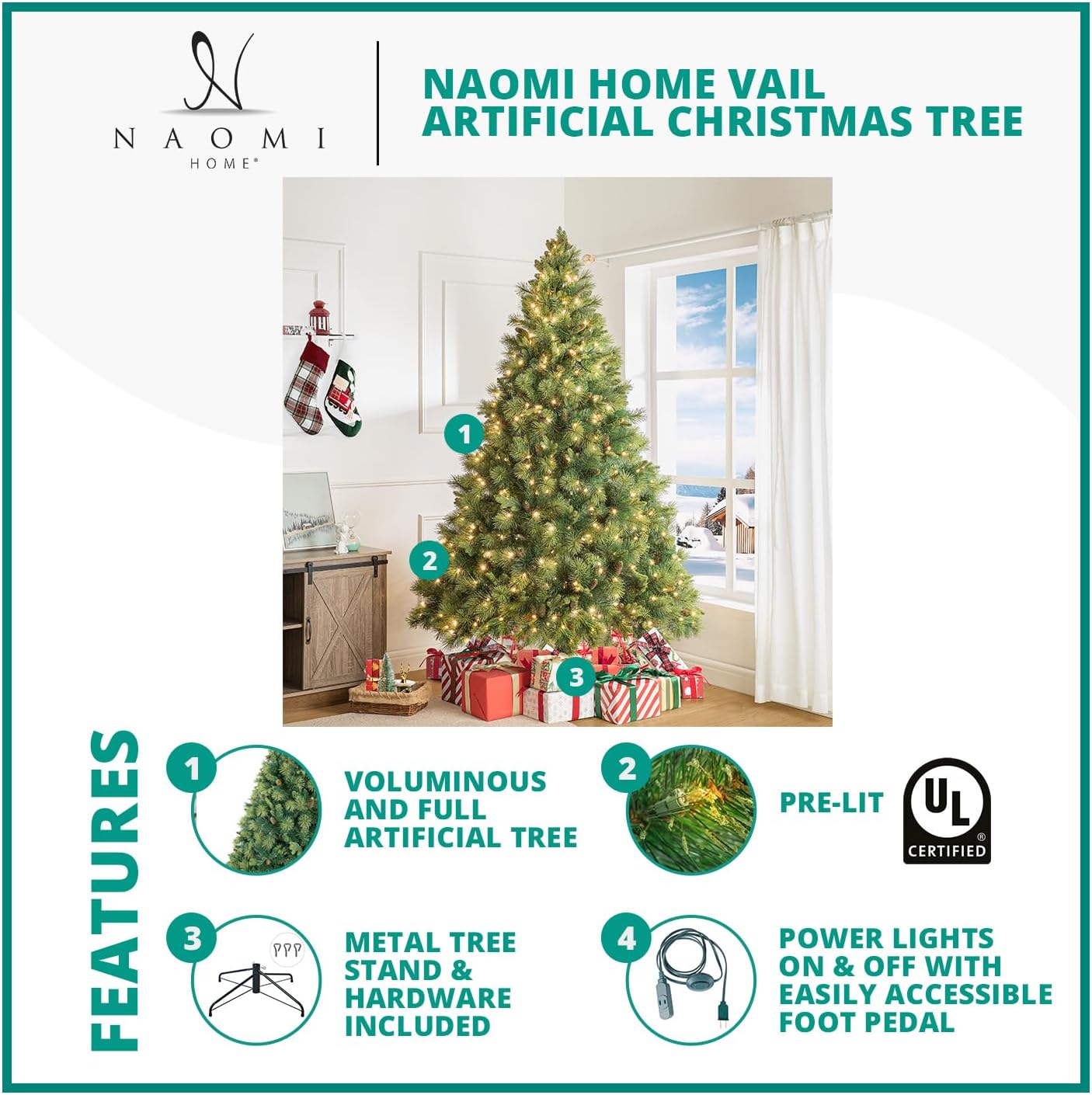 Naomi Home Vail 7.5ft Prelit Artificial Christmas Tree with Pine Cones, Foot Pedal, 1556 Branch Tips, 750 Warm Lights and Metal Stand, 61" Wide Realistic Traditional Christmas Tree with Lights