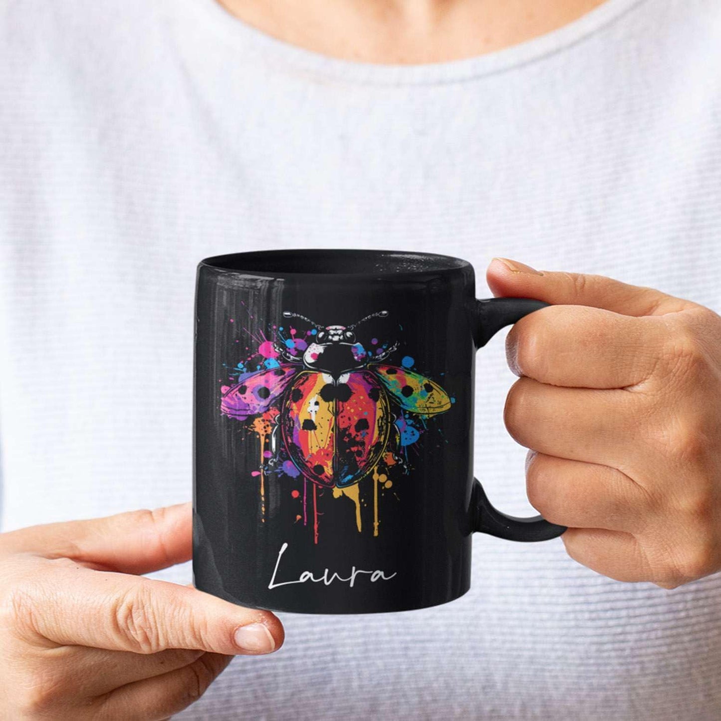 Personalized Choose Name Ladybug Coffee Mug, Colorful Ladybug Animal Design Cup, Customized Ladybug Lover Ceramic Mug, Gift For Christmas, Custom Animal Black Cup 11oz 15oz, Ladybug Mug