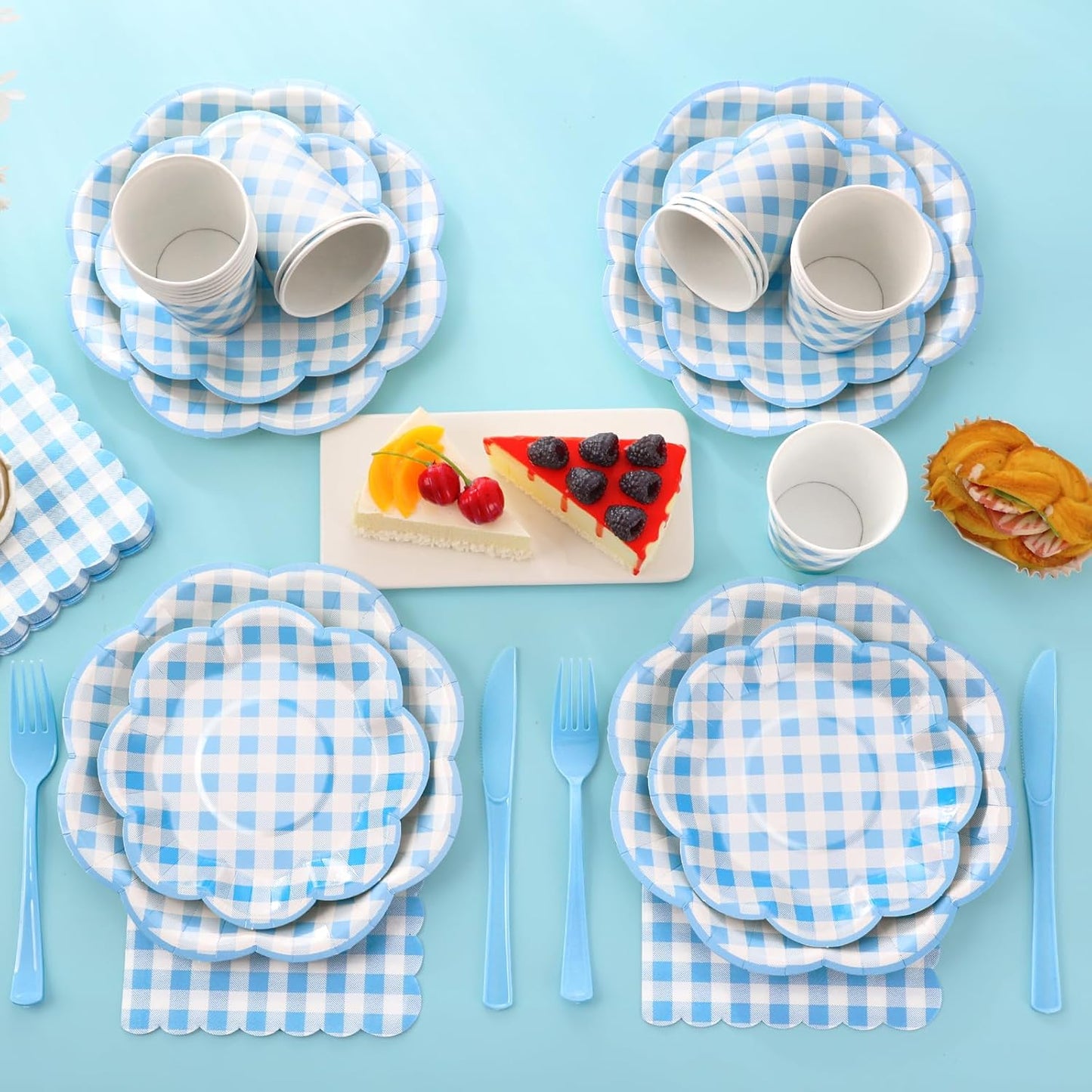 350 Pcs Blue Gingham Plates and Napkins Party Supplies - Blue and White Checkered Plates Sets Serve 50 Guests - Scalloped Gingham Paper Plate for Birthday Dinner Wedding Baby Shower Party Decorations