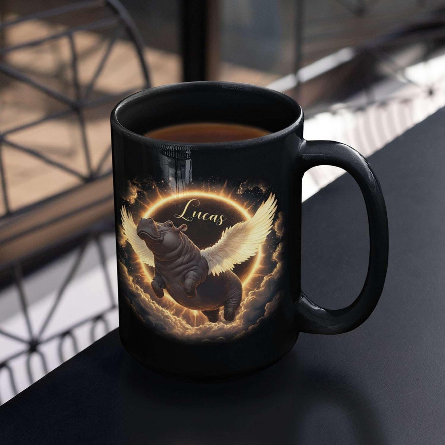 Personalized Choose Name Coffee Mug, Custom Hippo Ceramic Coffee Cup 11oz 15oz, Fantasy Animal Black Cup for Kids, Custom Whimsical Hippo with Wings Mug, Gifts for Holiday