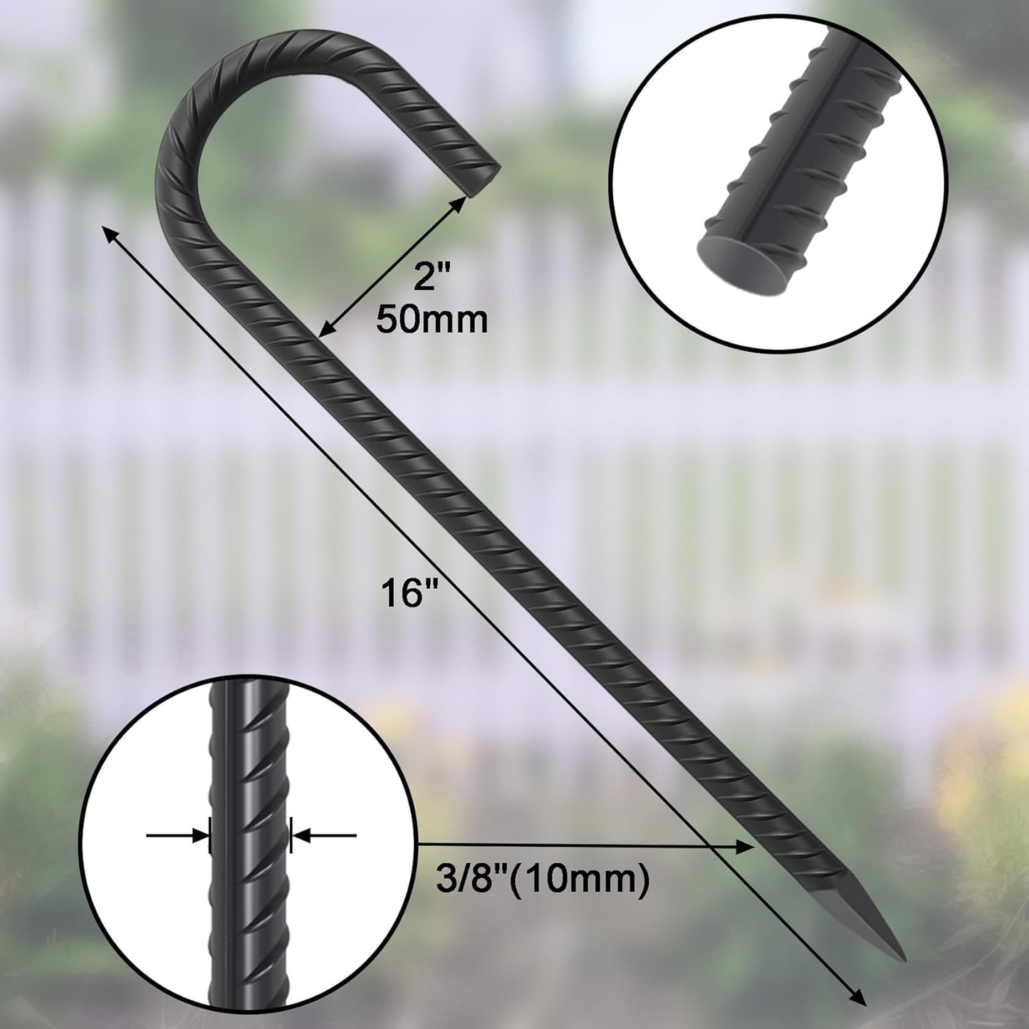 16 Inch Rebar Ground Stakes 24 Pack Heavy Duty J Hook Ground Anchors 3/8 Inch Diameter Steel Rebar Tent Stakes with Chisel Point End for Chain Link Fence, Canopy and Trampoline, Black