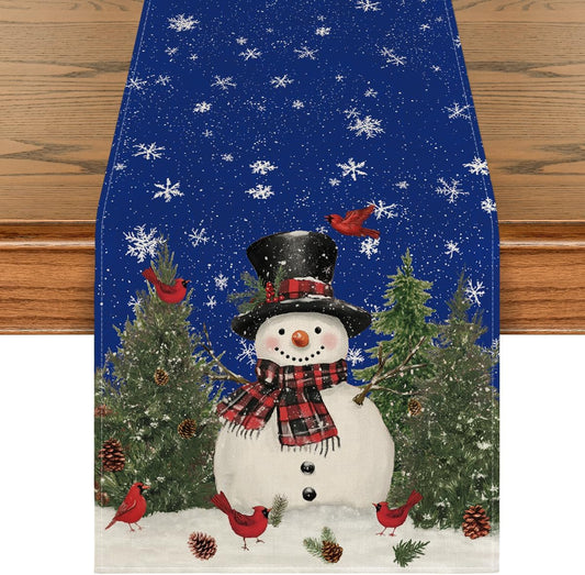 Artoid Mode Snowman Birds Trees Christmas Table Runner, Seasonal Blue Winter Holiday Kitchen Dining Table Decoration for Indoor Outdoor Home Party Decor 13 x 120 Inch