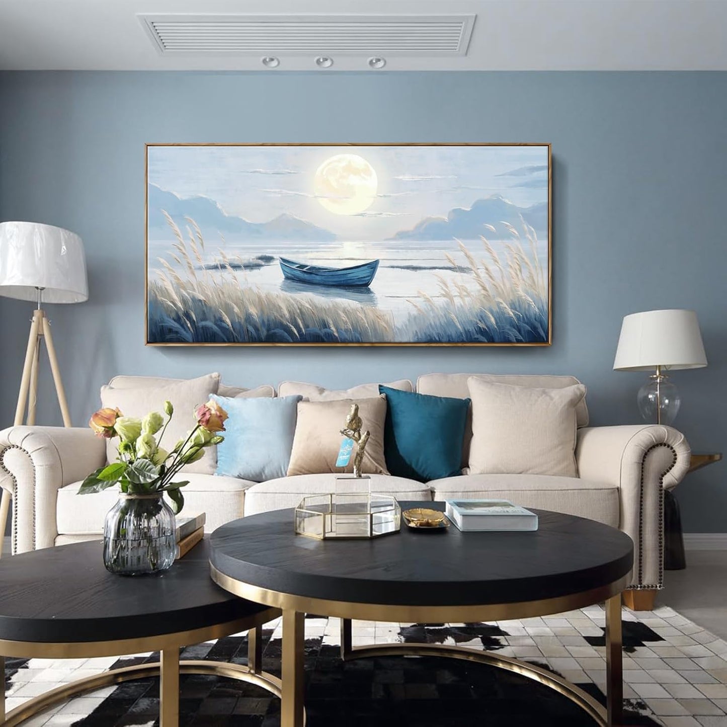 amatop Oversized Framed Coastal Wall Art for Living Room Blue Boat Moon Sea Picture Landscape Canvas Print Calming Night Ocean Lake Scene Large Artwork Nautical Bedroom Office Wall Decor 58x29 In