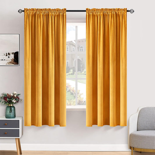 MIULEE Mustard Yellow Velvet Curtains Thermal Insulated Blackout Curtain Fall Drapes for Bedroom Living Room Darkening 63 Inches Long Curtains Panels Rod Pocket Set of 2