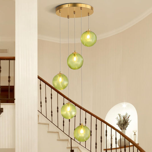 5-Light Chandelier, Globe Green Glass Flush Mount Pendant Light,15W Ceiling Hanging Light for Staircase Foyer Entryway Living Room Hotel Kitchen Island（3000K,G9 Bulbs Include）