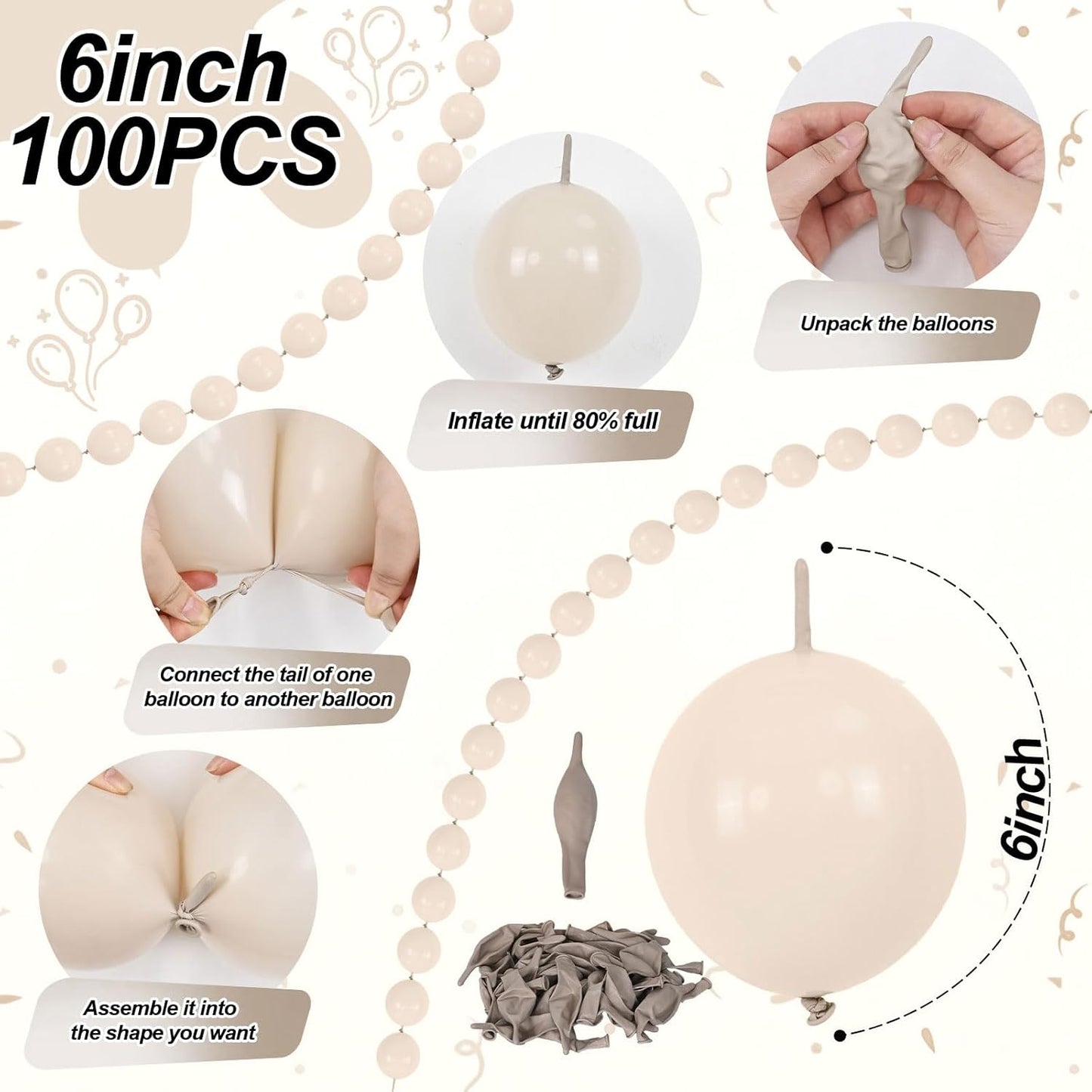 Sand White Quick Link Balloons, 60PCS Linking Balloon for Making Balloon Wall Arch Chains, Cream Beige Linked Balloons for Wedding Birthday Baby Shower Engagement Graduation Party Decorations (10inch)