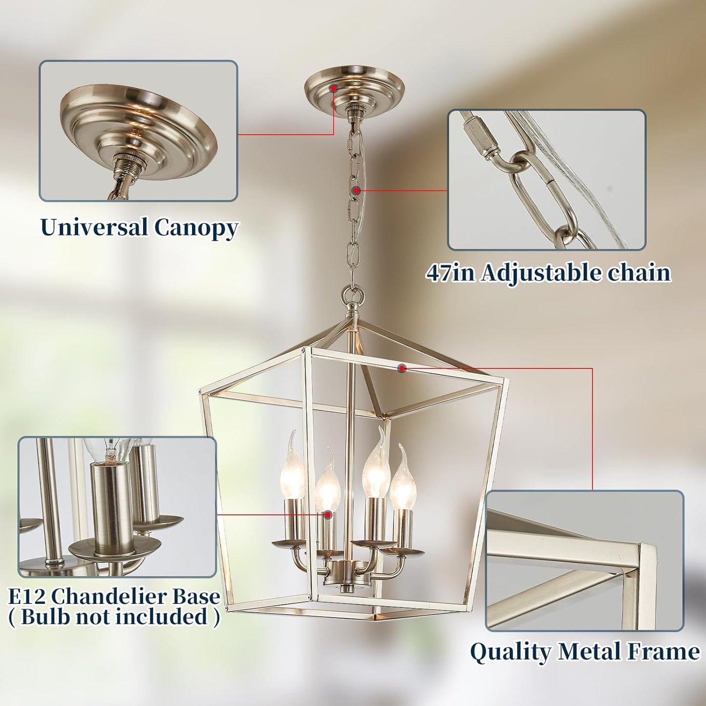 4-Light Brushed Nickel Farmhouse Chandelier, 12" Industrial Ceiling Light Lantern Pendant Light with Metal Cage Adjustable Height Rustic Hanging Light E12 Base for Kitchen Island Dining Room Entryway