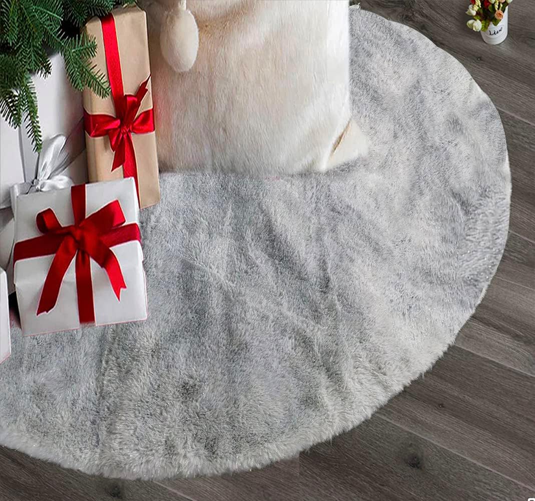 AOGU 48 Inch Faux Fur Christmas Tree Skirt Grey Shiny Plush Skirt for Merry Christmas Party Christmas Tree Decoration