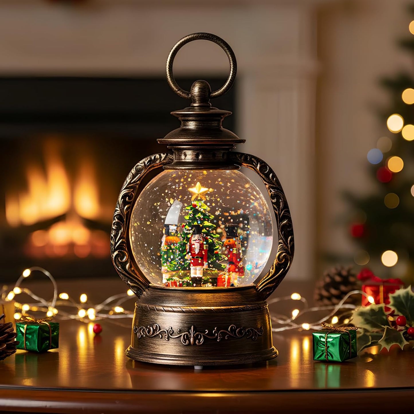 Christmas Snow Globe Lantern Water Glittering Nutcrackers with Music & Timer, USB Lined/Battery Operated Lighted Lantern for Christmas Festival Decoration Gifts