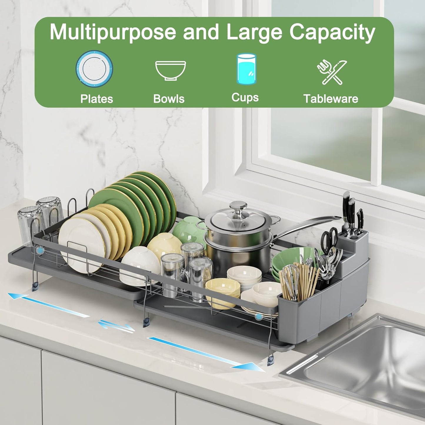 ROTTOGOON Expandable Dish Drying Rack,Multifunctional Adjustable Dish Drainer with Swivel Spout and Anti-Rust Dish Rack with Removable Cutlery & Cup Holders for Kitchen Counter,Dark Grey