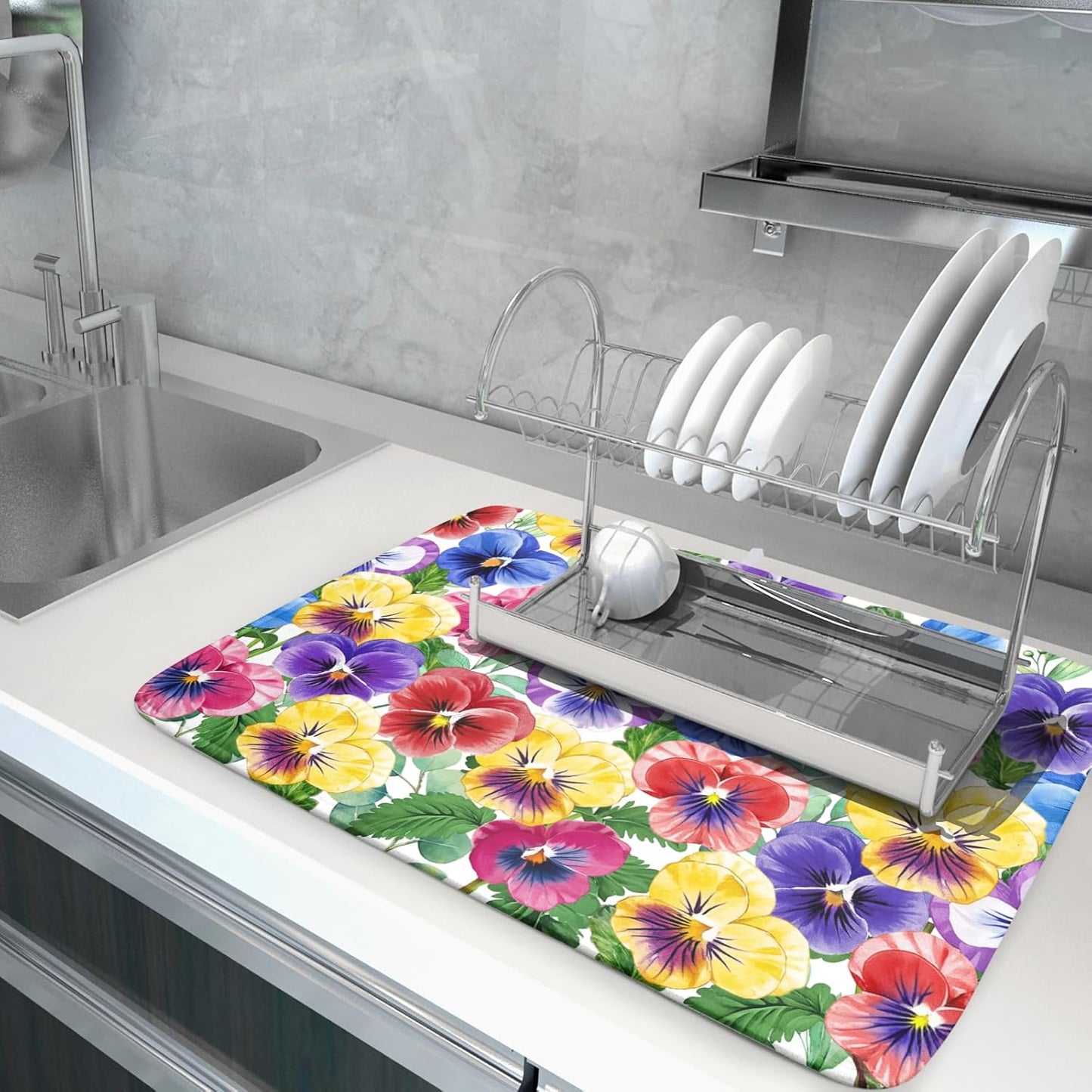 Spring Dish Drying Mat for Kitchen Counter Pansy Floral Absorbent Reversible Microfiber Kitchen Countertop Protector Dishes Pad Large 18x24 inch