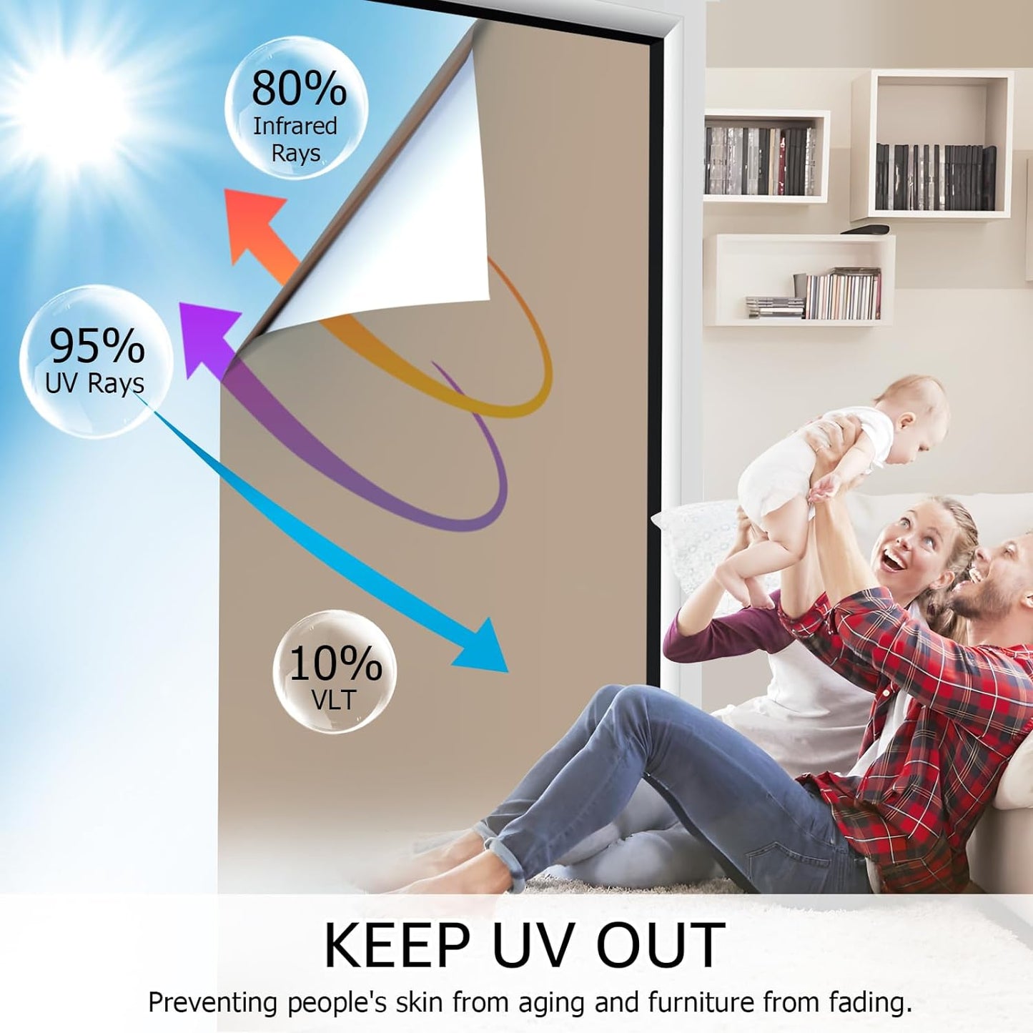 HIDBEA One Way Mirror Window Film, Daytime Privacy Sun Blocking Reflective Window Film Static Cling Heat Control Window Tinting Film for Home and Office, Brown Silver, 35.4 x 393.7 Inch