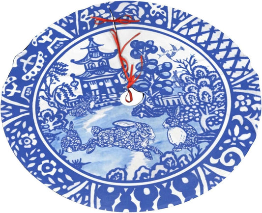 48" Large Christmas Tree Skirt Blue Oriental Rabbit Whimsical Pattern Tree Mat Base Cover for Xmas Festive Holiday Party Decoration Ornaments