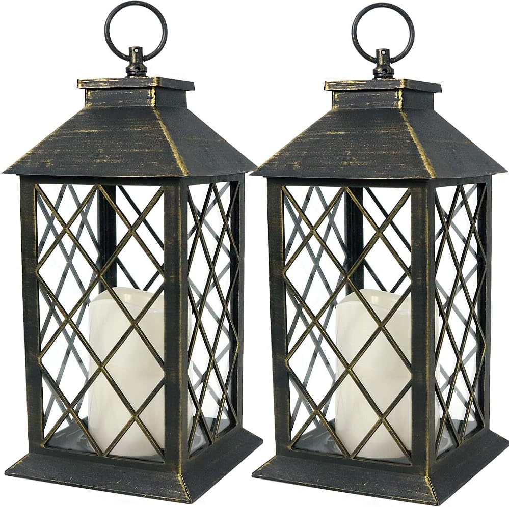 Bright Zeal 2-Pack 13.5" Vintage Candle Lantern with LED Candle (Distressed Gold, 6hr Timer) - IP44 Waterproof Outdoor Hanging Lanterns Battery Powered - Tabletop Lantern Decorative Home Lanterns