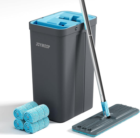 JOYMOOP Mop and Bucket Set with Wringer, Mops for Floor Cleaning, Wall Mop Cleaner with Long Handle, with 4 Reusable Microfiber Mop Pads - Grey+Cyan Blue