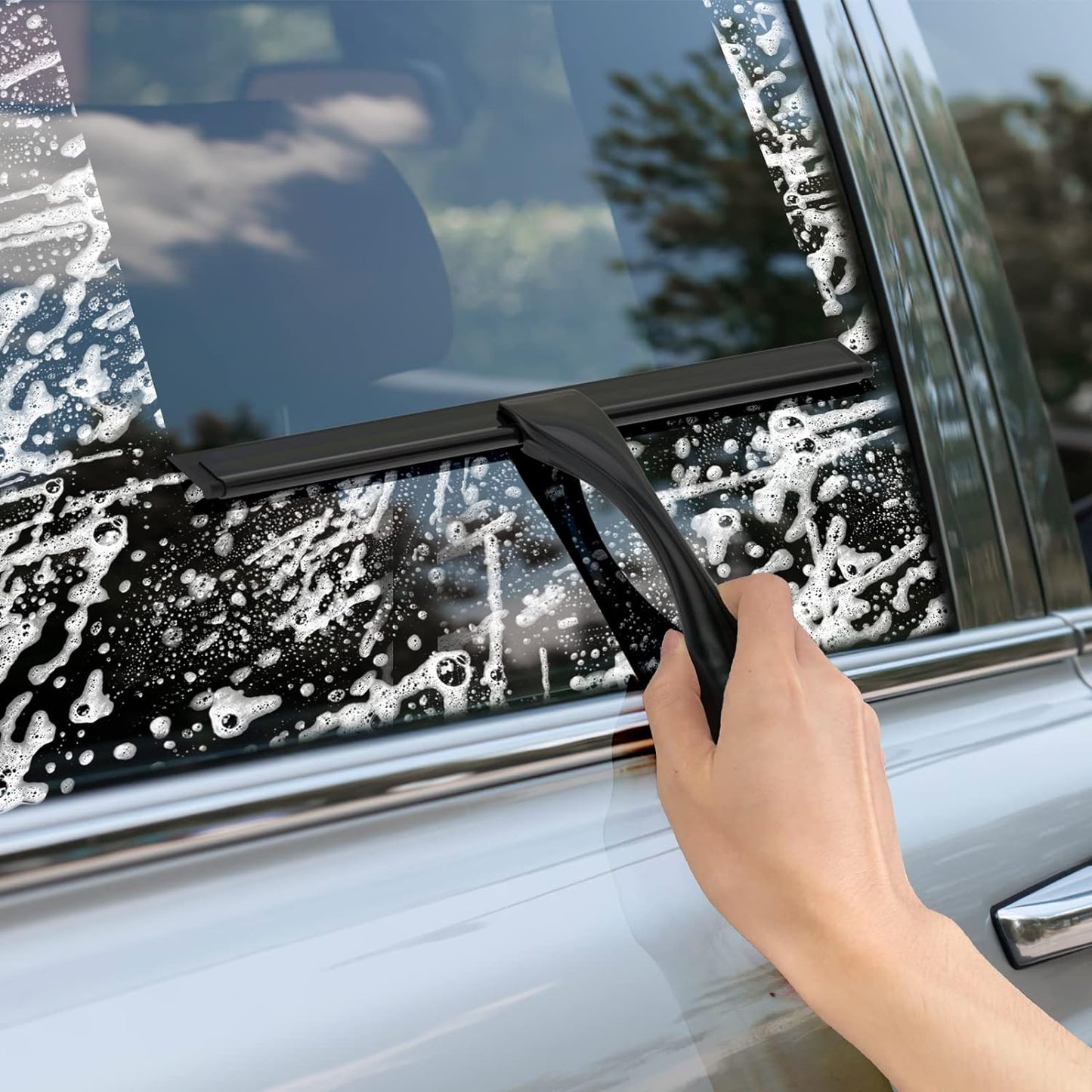 All-Purpose Stainless Steel Shower Squeegee for Shower Doors with 2 Adhesive Hooks, Bathroom Cleaner Tool Household Window Mirror Squeegee for Home Cleaning, Glass Door, Tile Wall, Car, 12 Inch Black