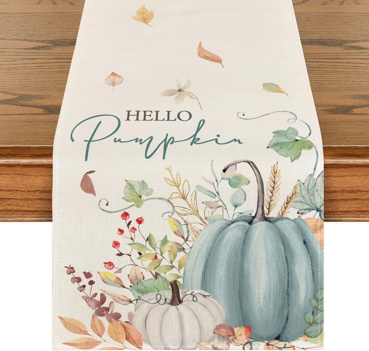 Artoid Mode Aqua Hello Pumpkin Leaves Fall Table Runner, Seasonal Autumn Kitchen Dining Table Decoration for Home Party Decor 13x108 Inch